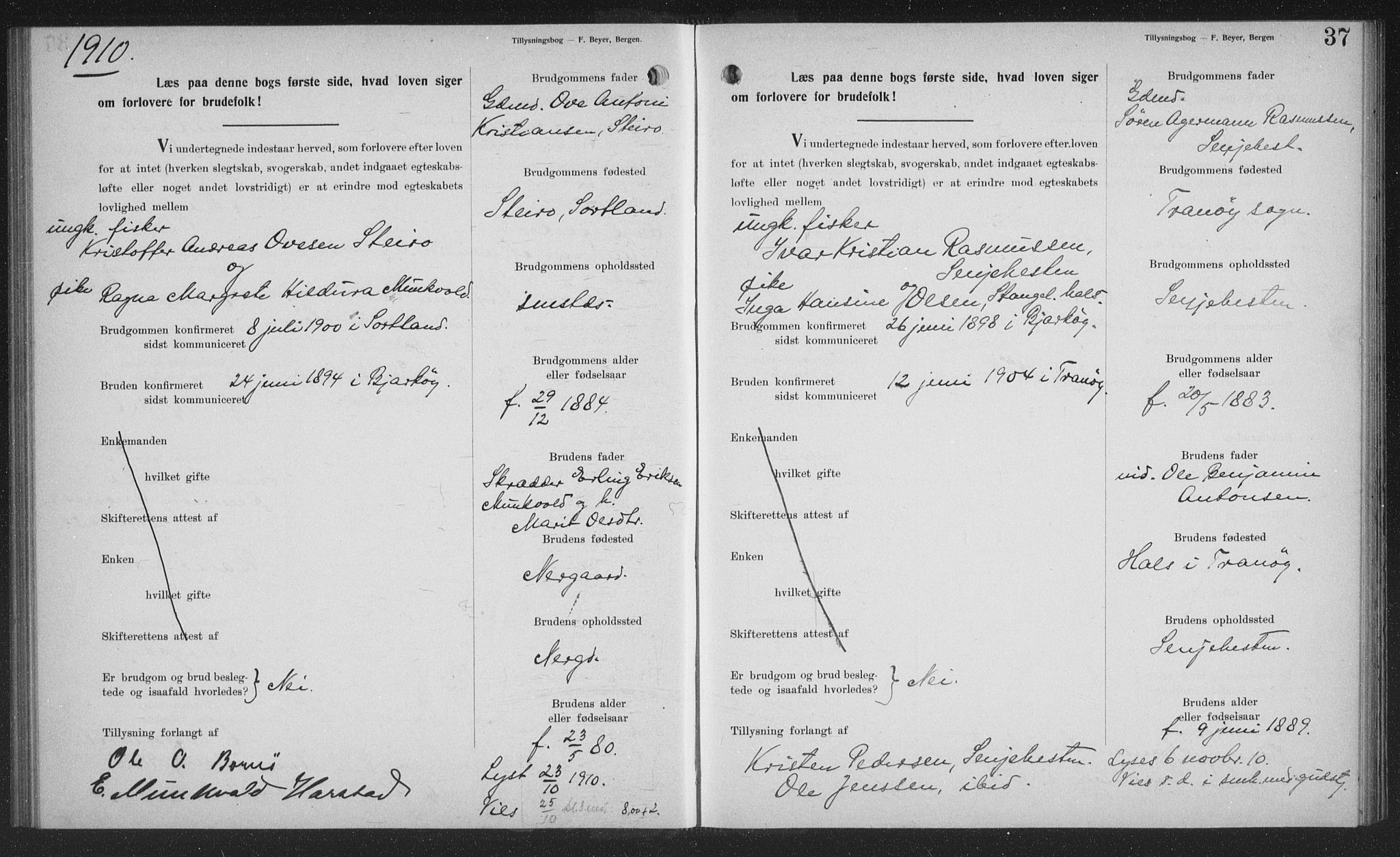 Sand/Bjarkøy sokneprestkontor, AV/SATØ-S-0811/J/Jb/L0024: Banns register no. 24, 1905-1917, p. 37