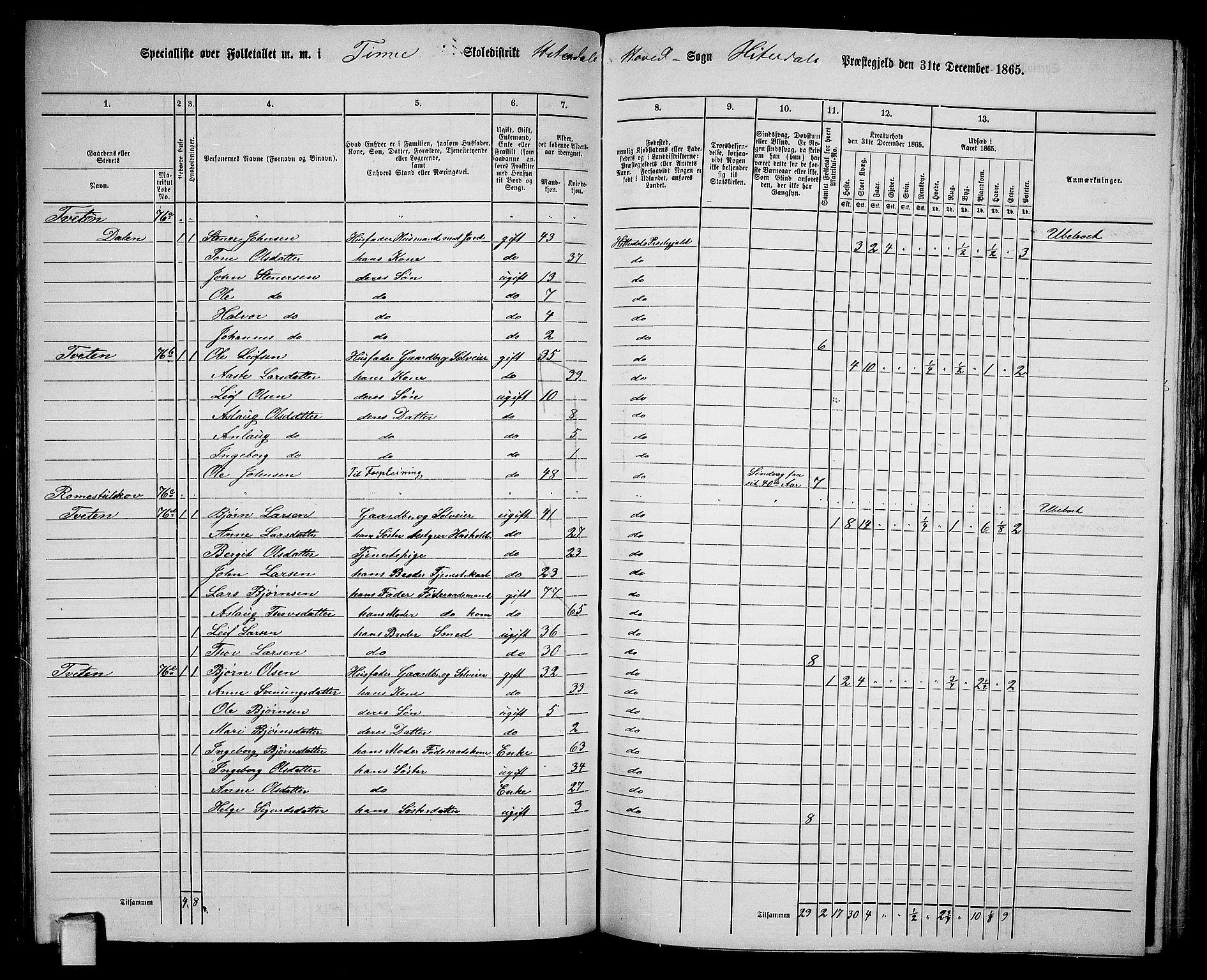 RA, 1865 census for Heddal, 1865, p. 76