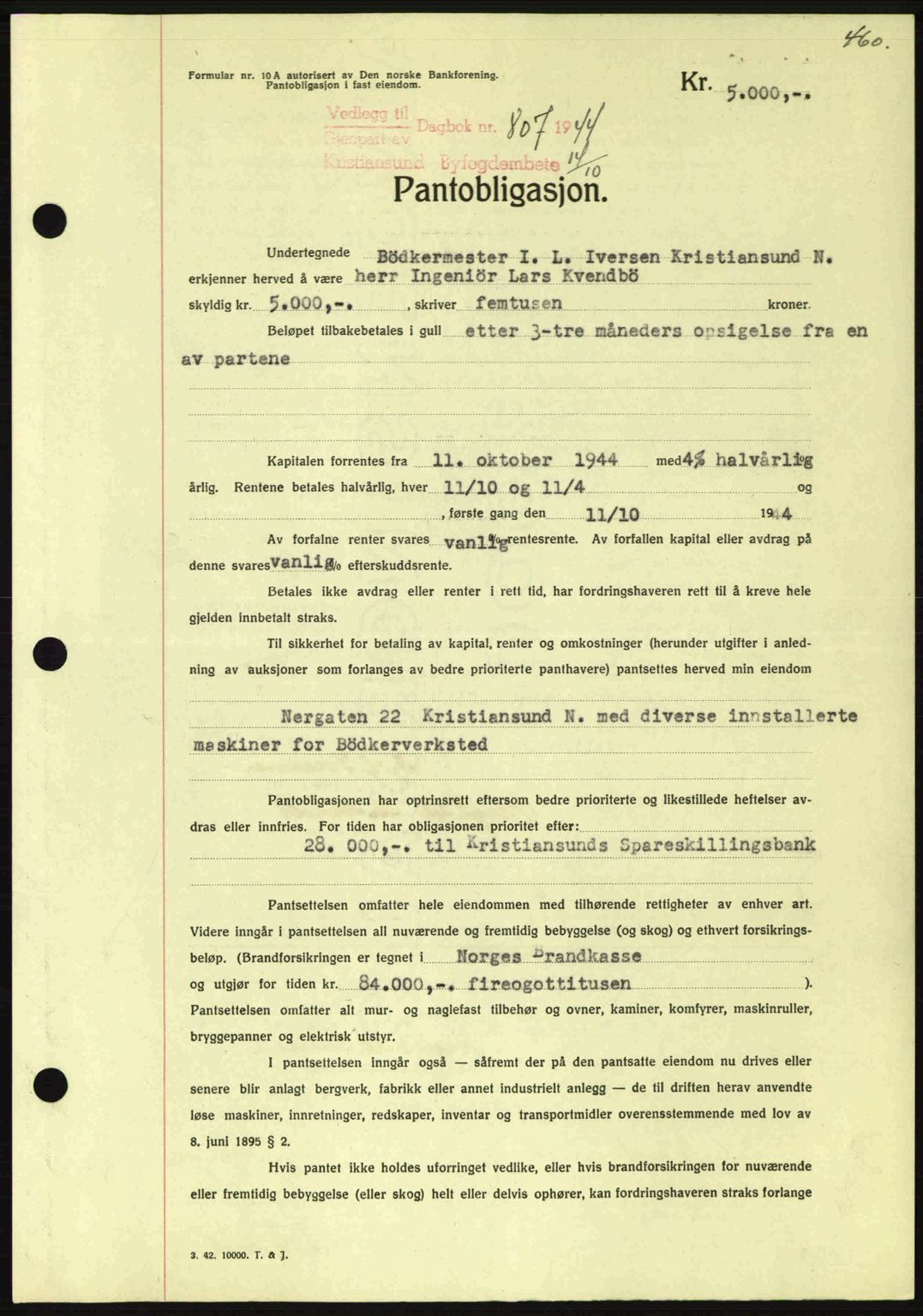Kristiansund byfogd, SAT/A-4587/A/27: Mortgage book no. 37-38, 1943-1945, Diary no: : 807/1944