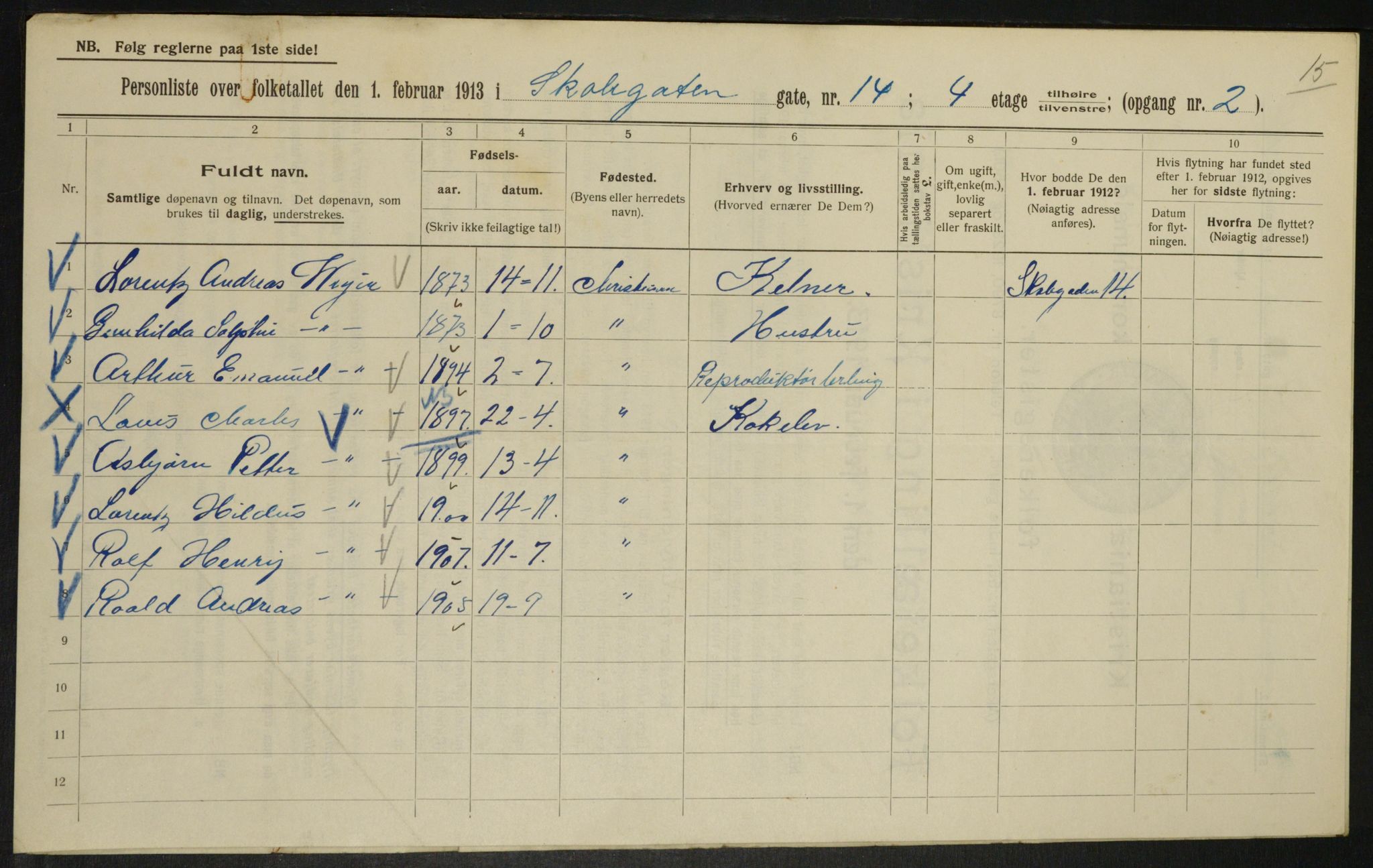 OBA, Municipal Census 1913 for Kristiania, 1913, p. 96387