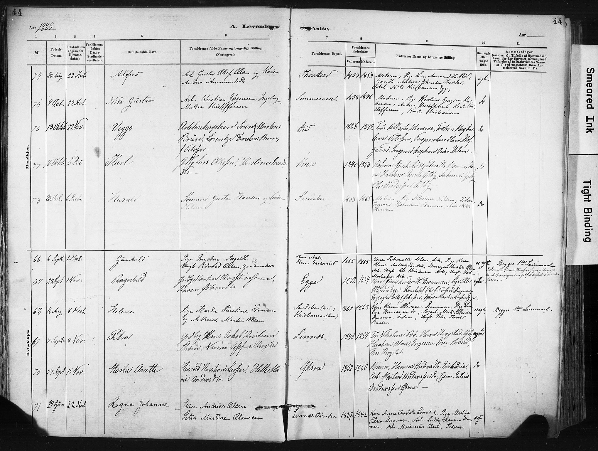 Lier kirkebøker, AV/SAKO-A-230/F/Fa/L0015: Parish register (official) no. I 15, 1883-1894, p. 44