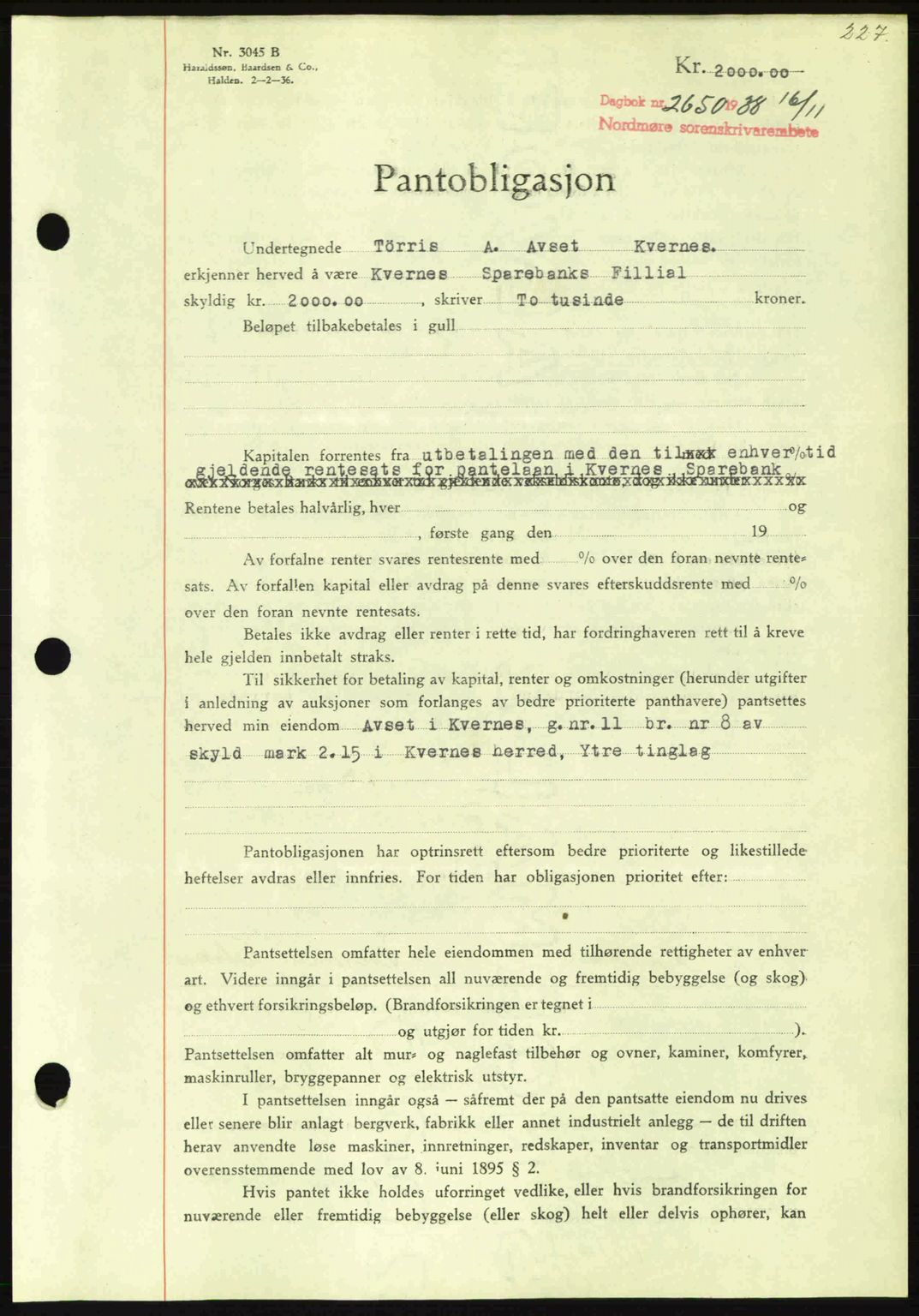 Nordmøre sorenskriveri, SAT/A-4132/1/2/2Ca: Mortgage book no. B84, 1938-1939, Diary no: : 2650/1938