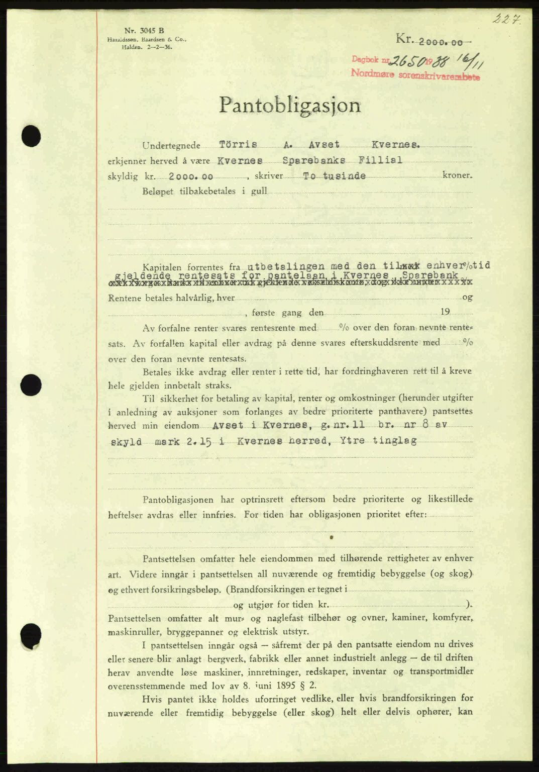 Nordmøre sorenskriveri, AV/SAT-A-4132/1/2/2Ca: Mortgage book no. B84, 1938-1939, Diary no: : 2650/1938