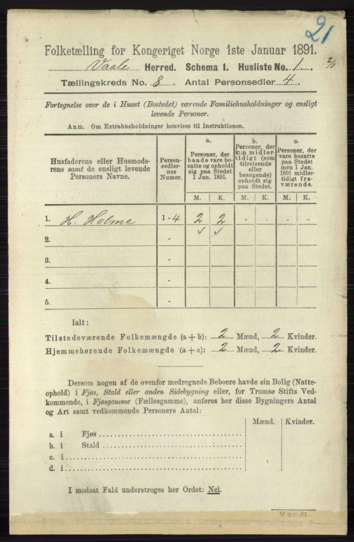 RA, 1891 census for 0716 Våle, 1891, p. 2761