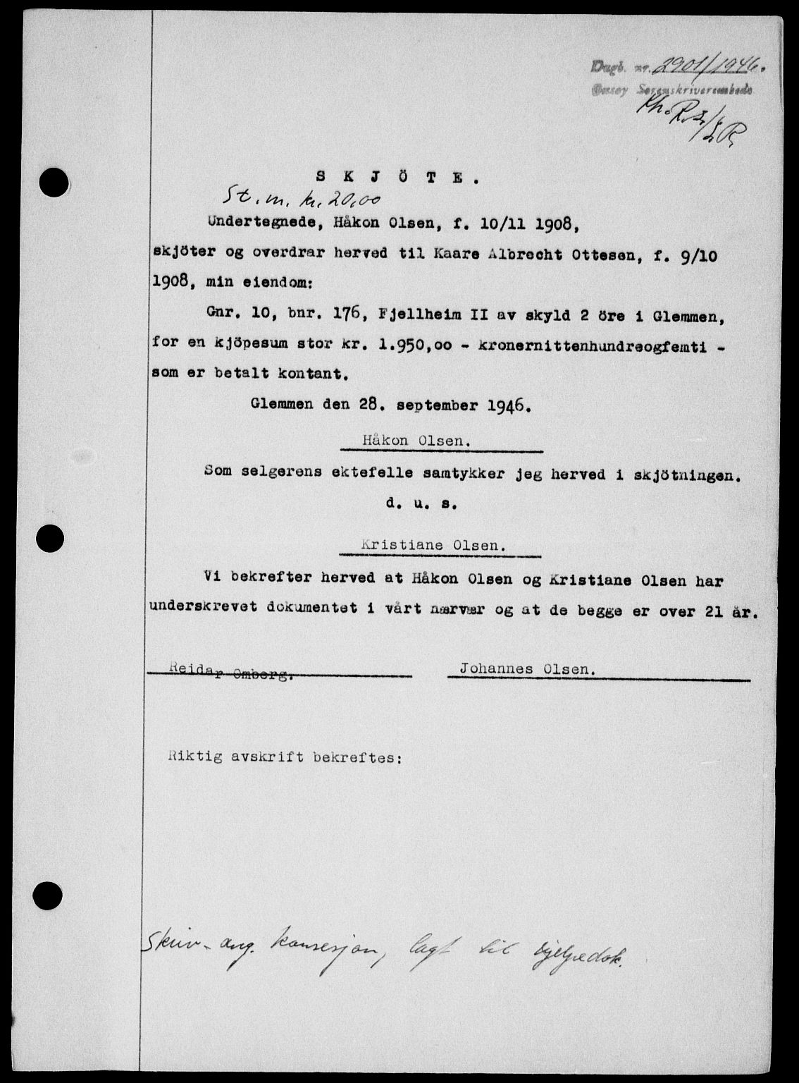 Onsøy sorenskriveri, SAO/A-10474/G/Ga/Gab/L0018: Mortgage book no. II A-18, 1946-1947, Diary no: : 2901/1946