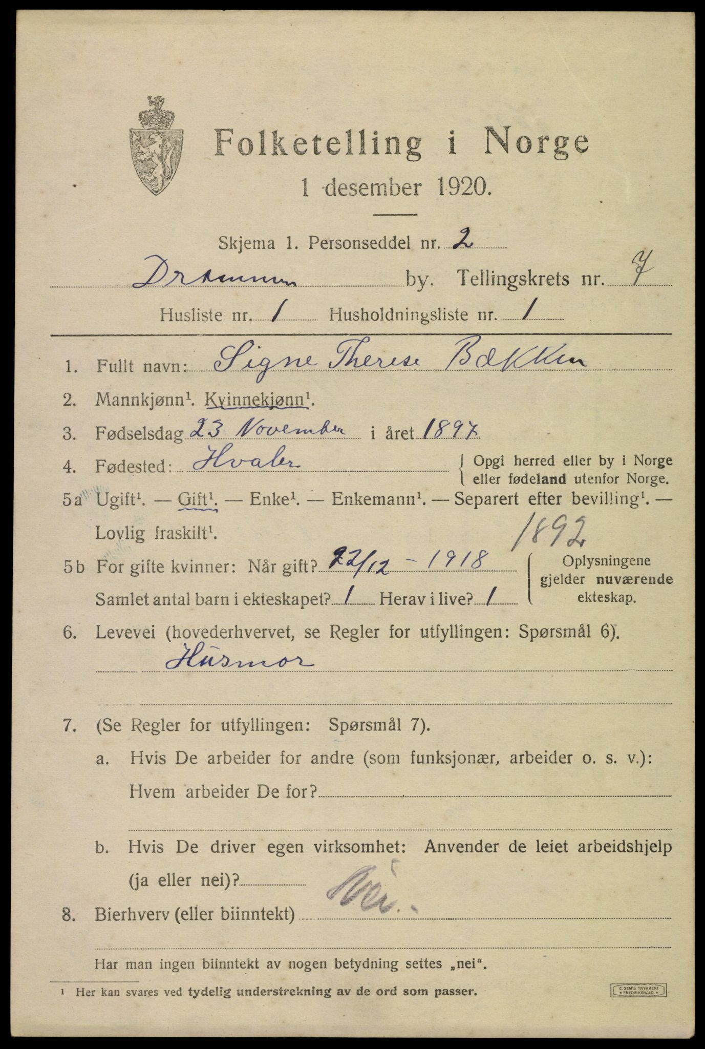 SAKO, 1920 census for Drammen, 1920, p. 46223