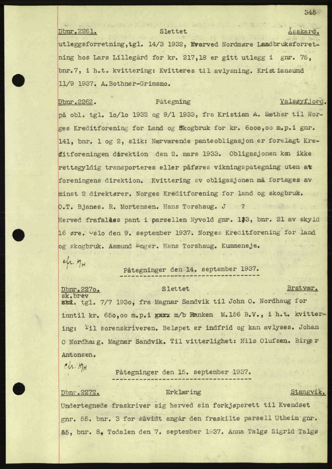 Nordmøre sorenskriveri, AV/SAT-A-4132/1/2/2Ca: Mortgage book no. C80, 1936-1939, Diary no: : 2261/1937