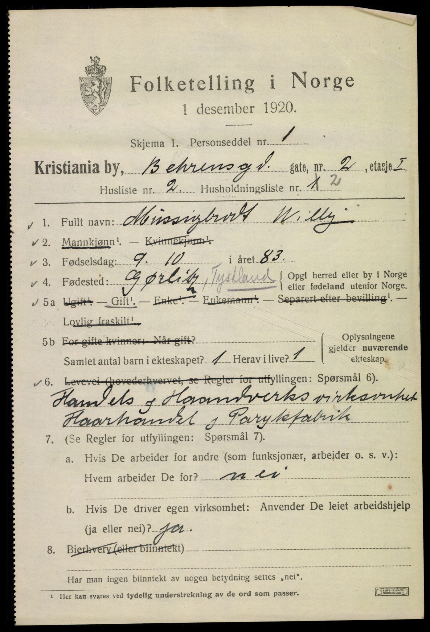 SAO, 1920 census for Kristiania, 1920, p. 150225