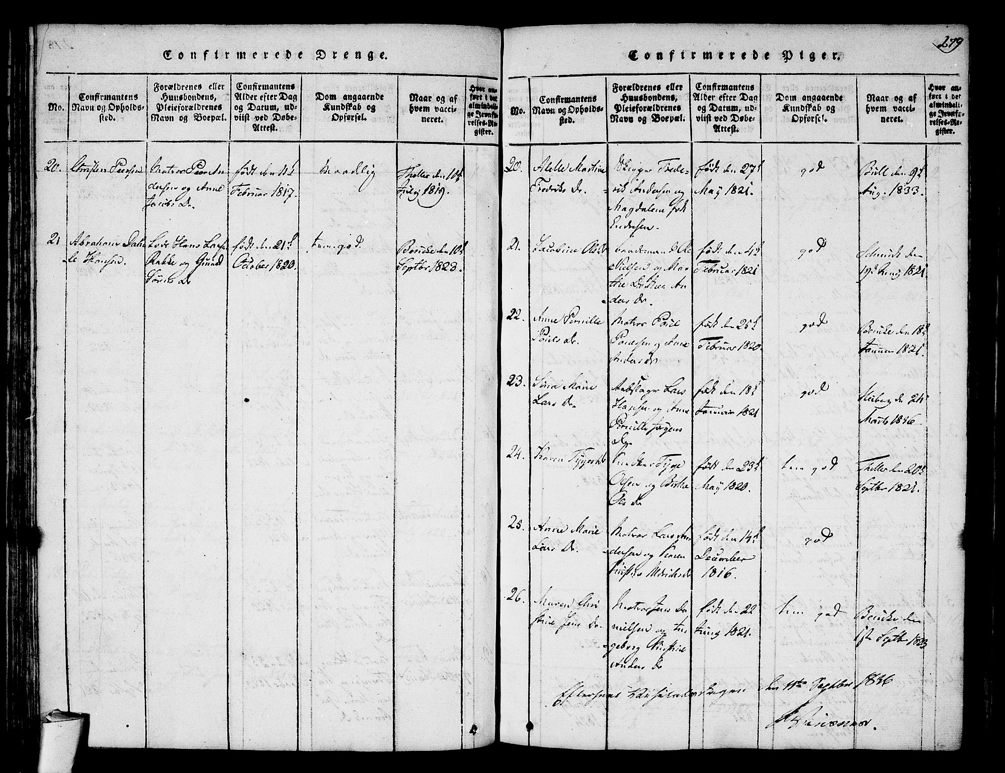 Stavern kirkebøker, AV/SAKO-A-318/F/Fa/L0006: Parish register (official) no. 6, 1816-1839, p. 279