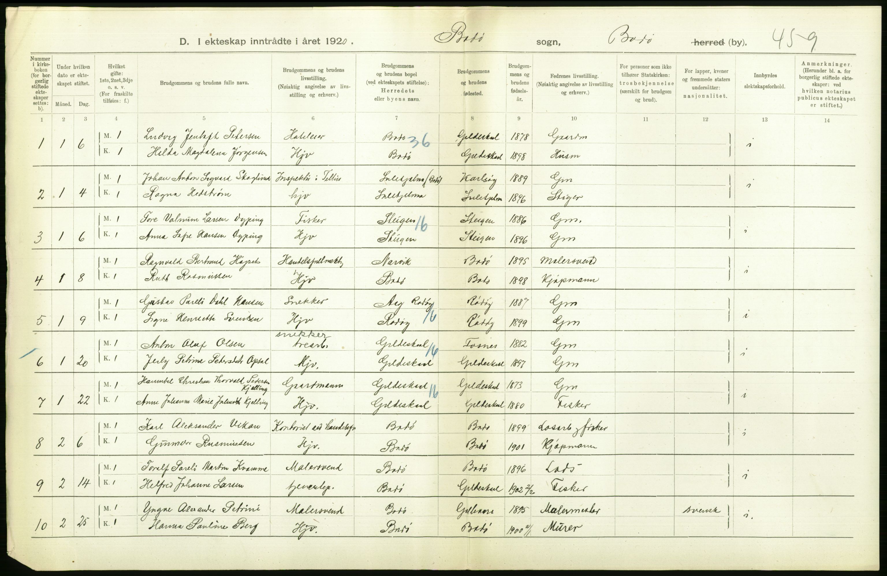 Statistisk sentralbyrå, Sosiodemografiske emner, Befolkning, AV/RA-S-2228/D/Df/Dfb/Dfbj/L0057: Nordland fylke: Gifte, dødfødte. Bygder og byer., 1920, p. 34