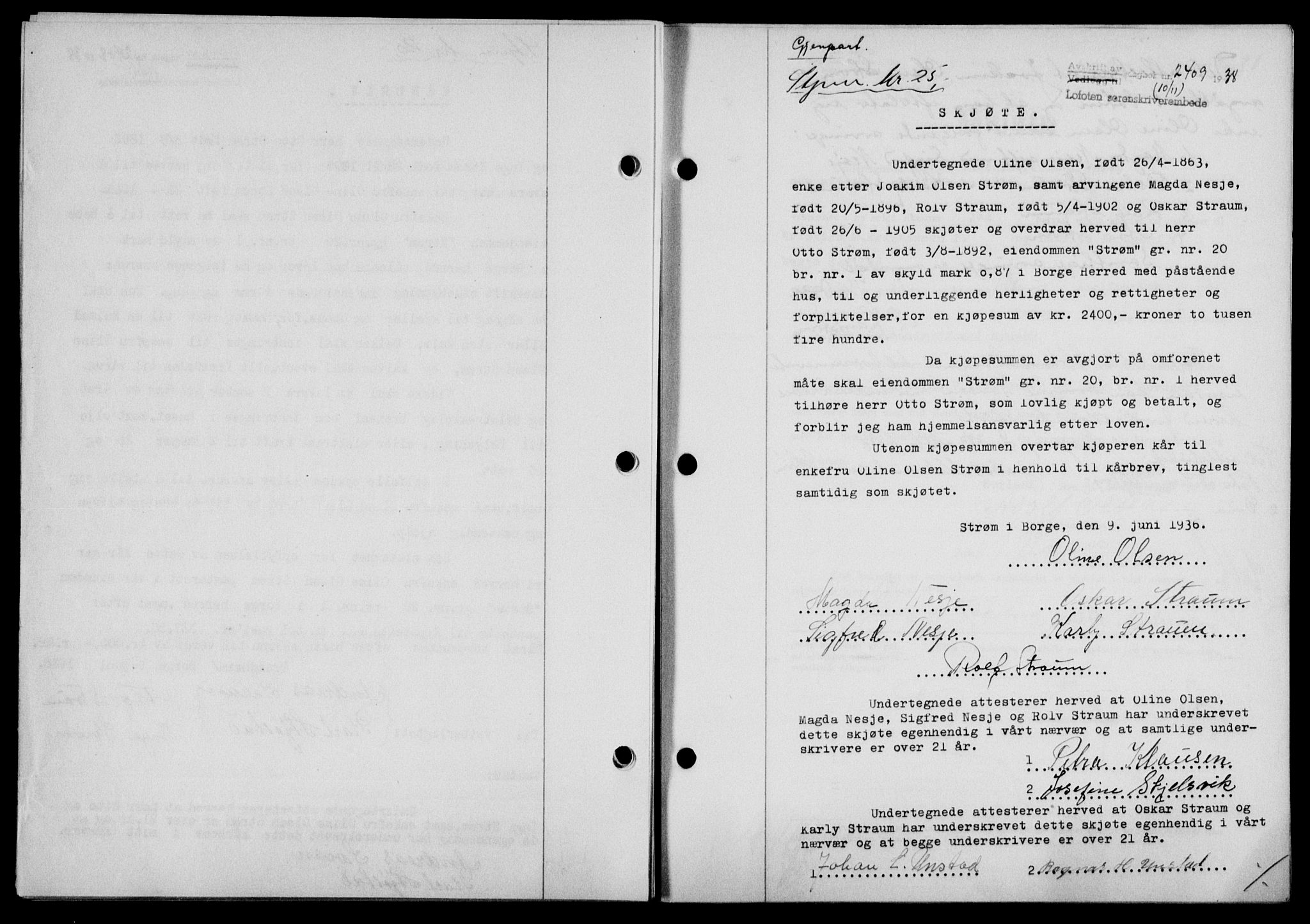 Lofoten sorenskriveri, SAT/A-0017/1/2/2C/L0004a: Mortgage book no. 4a, 1938-1938, Diary no: : 2409/1938