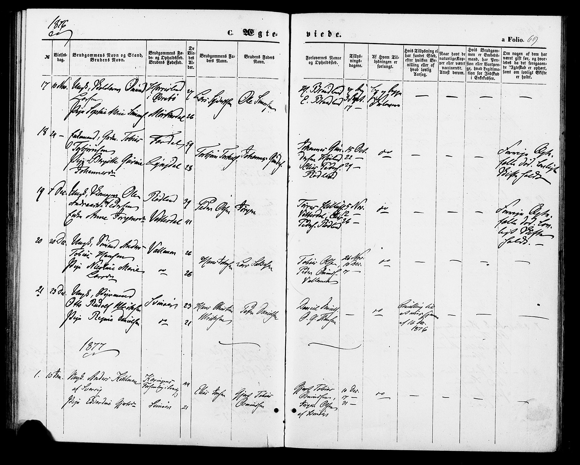 Sør-Audnedal sokneprestkontor, SAK/1111-0039/F/Fa/Fab/L0008: Parish register (official) no. A 8, 1876-1881, p. 69