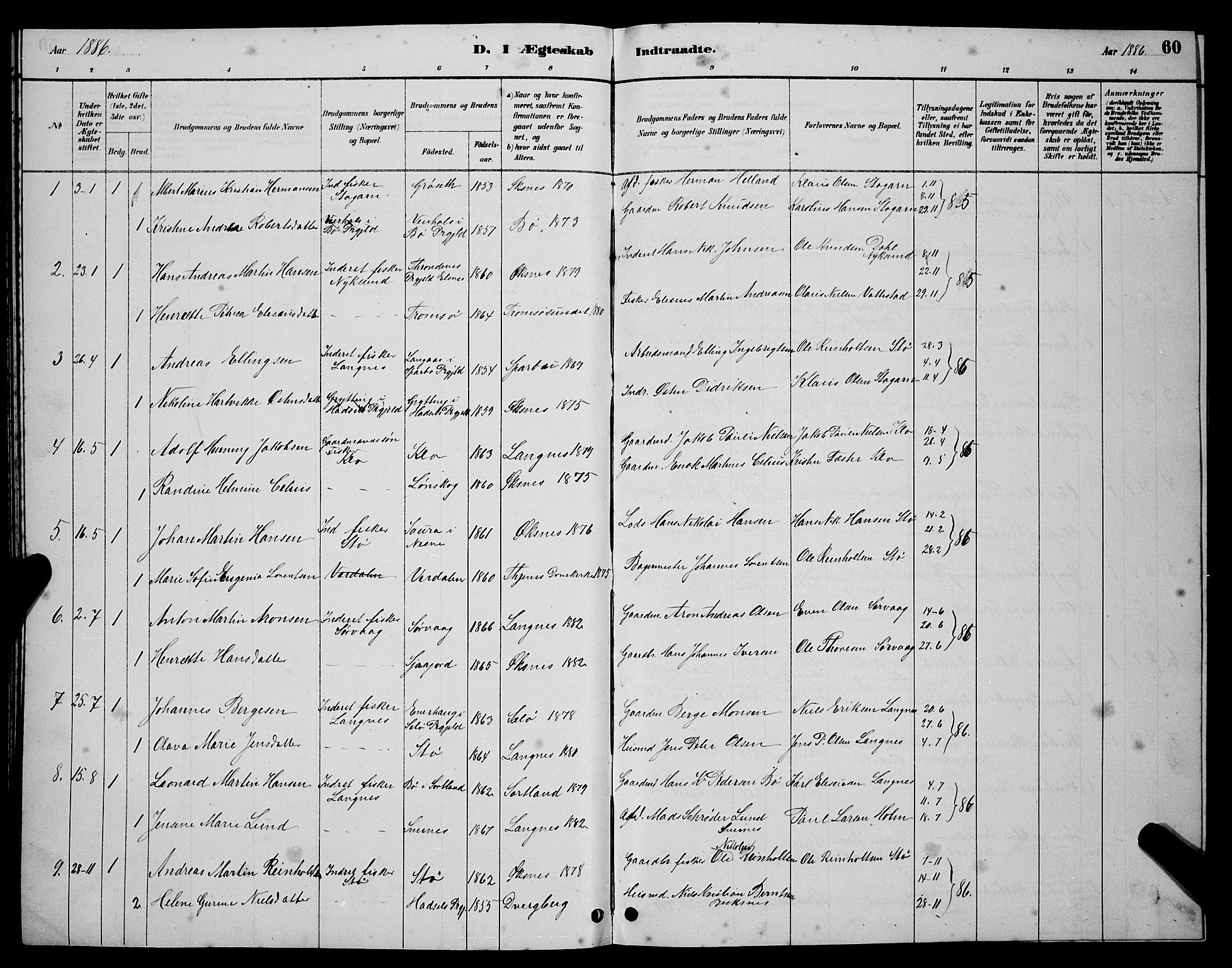 Ministerialprotokoller, klokkerbøker og fødselsregistre - Nordland, AV/SAT-A-1459/894/L1360: Parish register (copy) no. 894C03, 1885-1888, p. 60