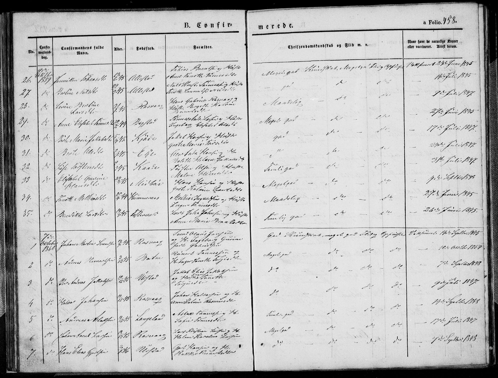 Flekkefjord sokneprestkontor, SAK/1111-0012/F/Fb/Fbb/L0002: Parish register (copy) no. B 2b, 1831-1866, p. 458