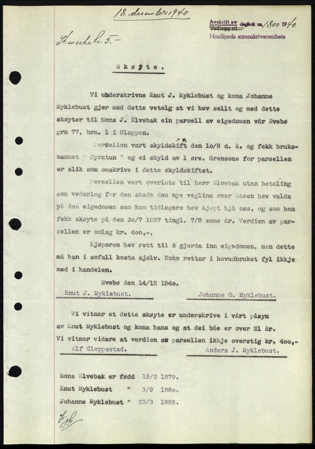 Nordfjord sorenskriveri, AV/SAB-A-2801/02/02b/02bj/L0006: Mortgage book no. A6, 1940-1941, Diary no: : 1800/1940