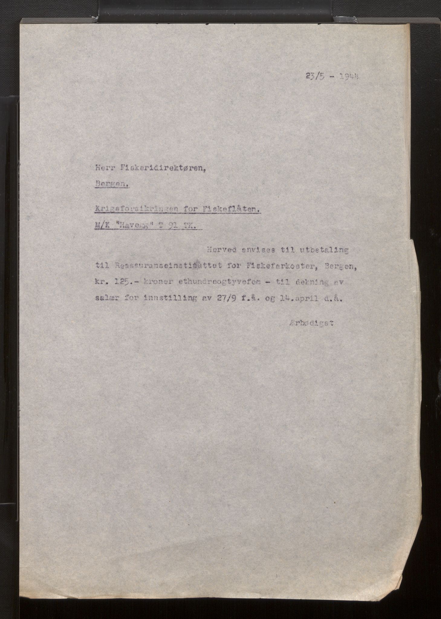 Fiskeridirektoratet - 1 Adm. ledelse - 13 Båtkontoret, AV/SAB-A-2003/La/L0042: Statens krigsforsikring for fiskeflåten, 1936-1971, p. 497