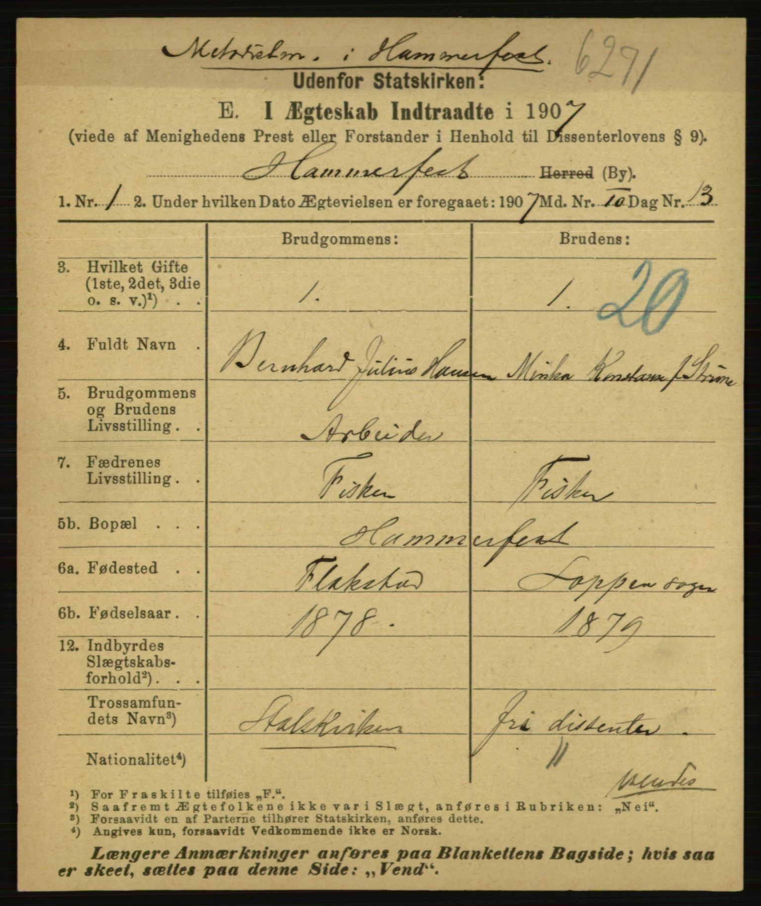 Statistisk sentralbyrå, Sosiodemografiske emner, Befolkning, AV/RA-S-2228/E/L0005: Fødte, gifte, døde dissentere., 1907, p. 2199