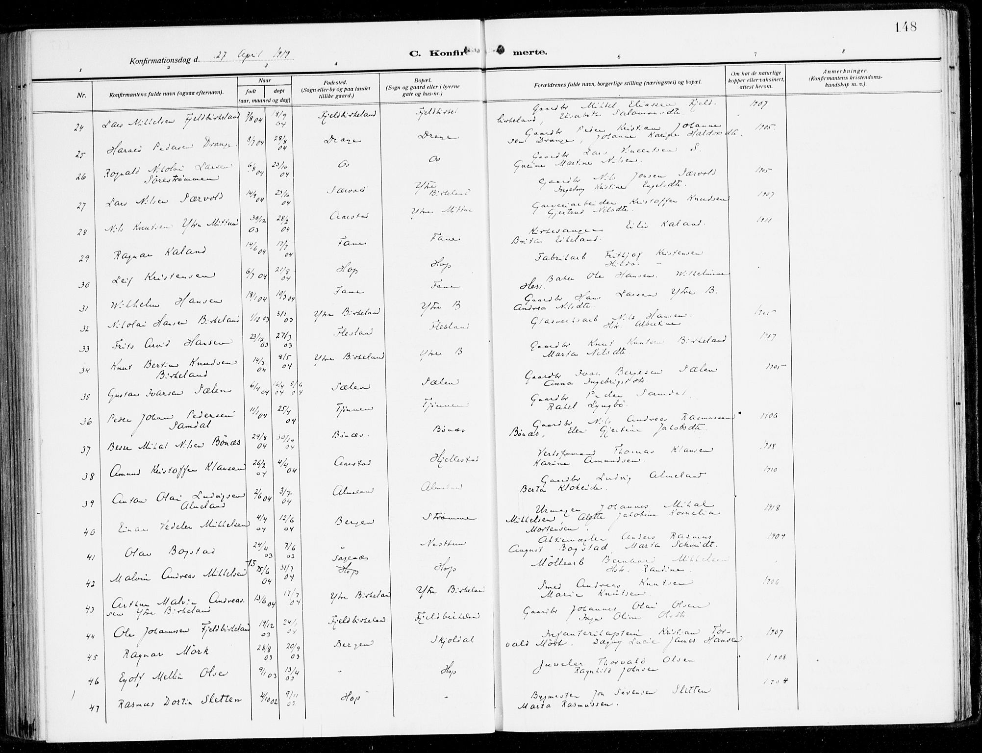 Fana Sokneprestembete, SAB/A-75101/H/Haa/Haai/L0004: Parish register (official) no. I 4, 1912-1933, p. 148
