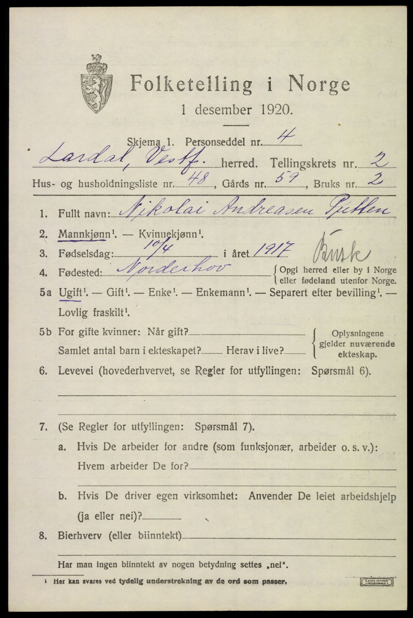 SAKO, 1920 census for Lardal, 1920, p. 2491