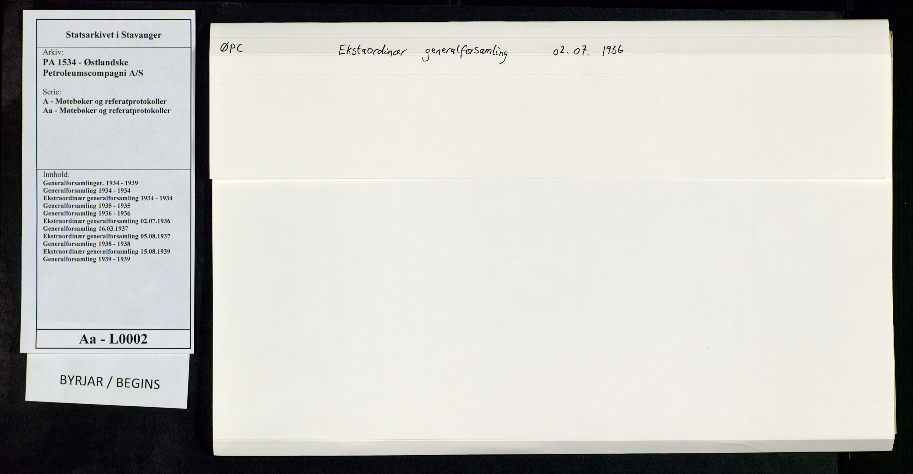 PA 1534 - Østlandske Petroleumscompagni A/S, SAST/A-101954/A/Aa/L0002/0005: Generalforsamlinger. / Ekstraordinær generalforsamling, 1936, p. 1