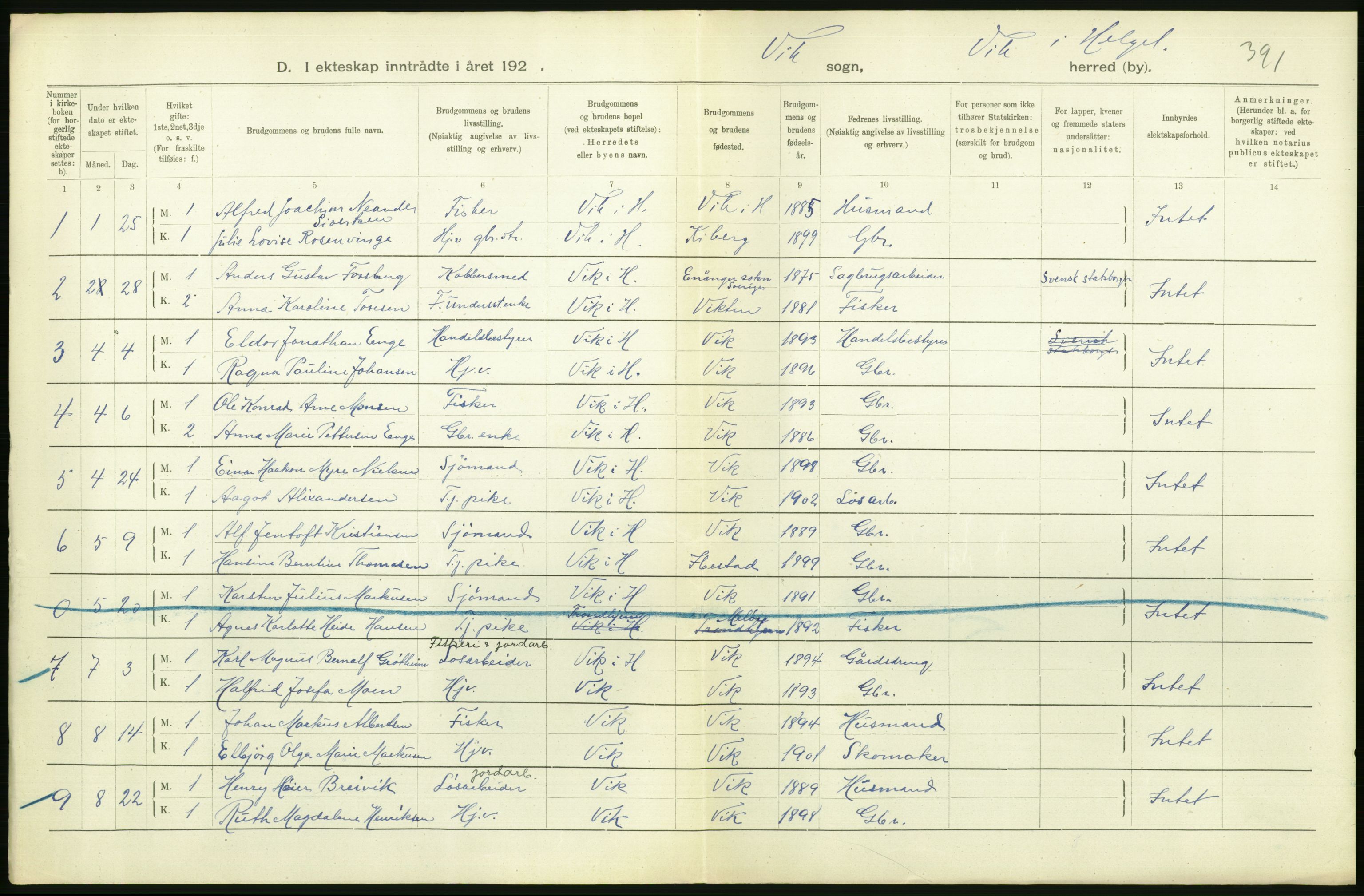 Statistisk sentralbyrå, Sosiodemografiske emner, Befolkning, AV/RA-S-2228/D/Df/Dfb/Dfbj/L0057: Nordland fylke: Gifte, dødfødte. Bygder og byer., 1920, p. 46