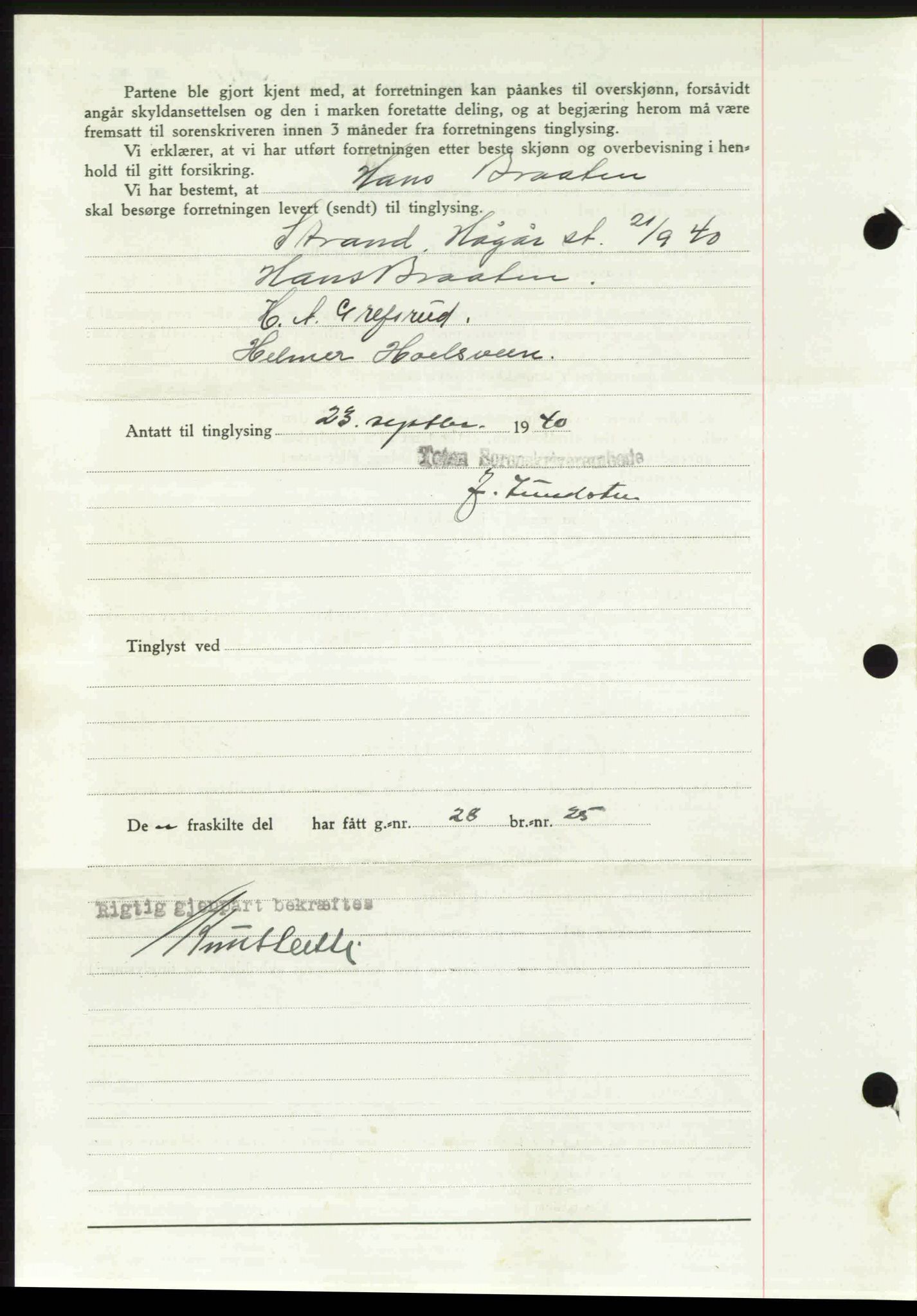 Toten tingrett, SAH/TING-006/H/Hb/Hbc/L0007: Mortgage book no. Hbc-07, 1939-1940, Diary no: : 1146/1940