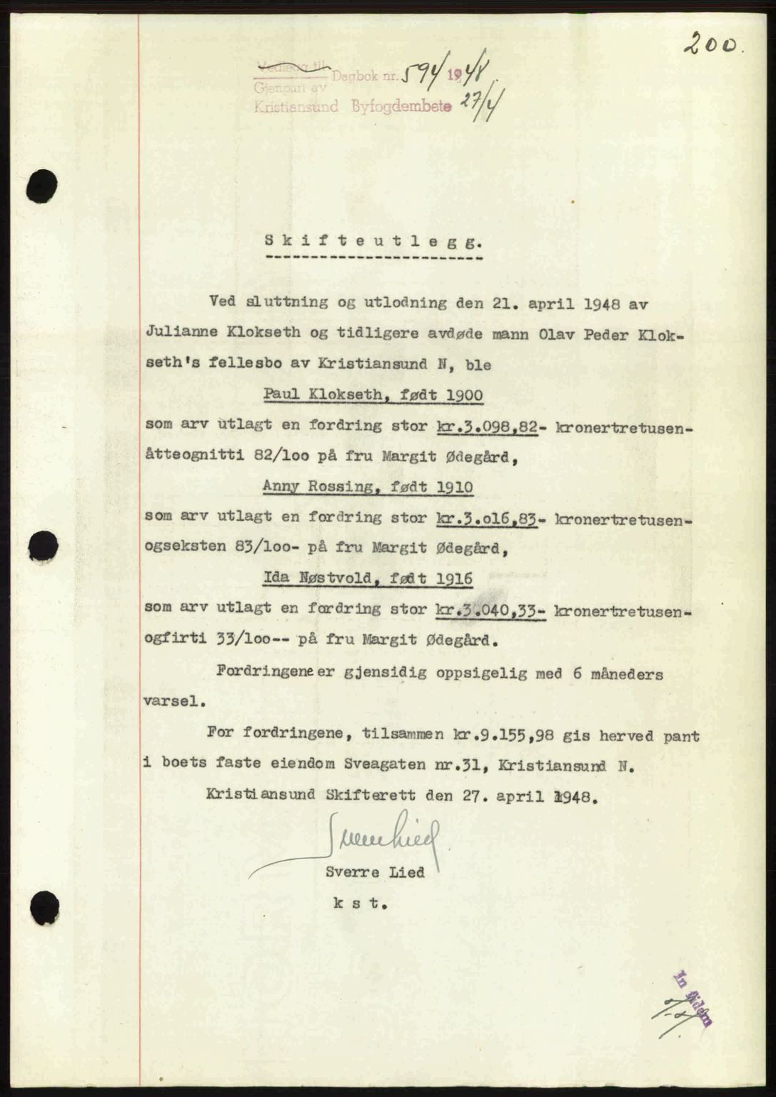 Kristiansund byfogd, AV/SAT-A-4587/A/27: Mortgage book no. 44, 1947-1948, Diary no: : 594/1948