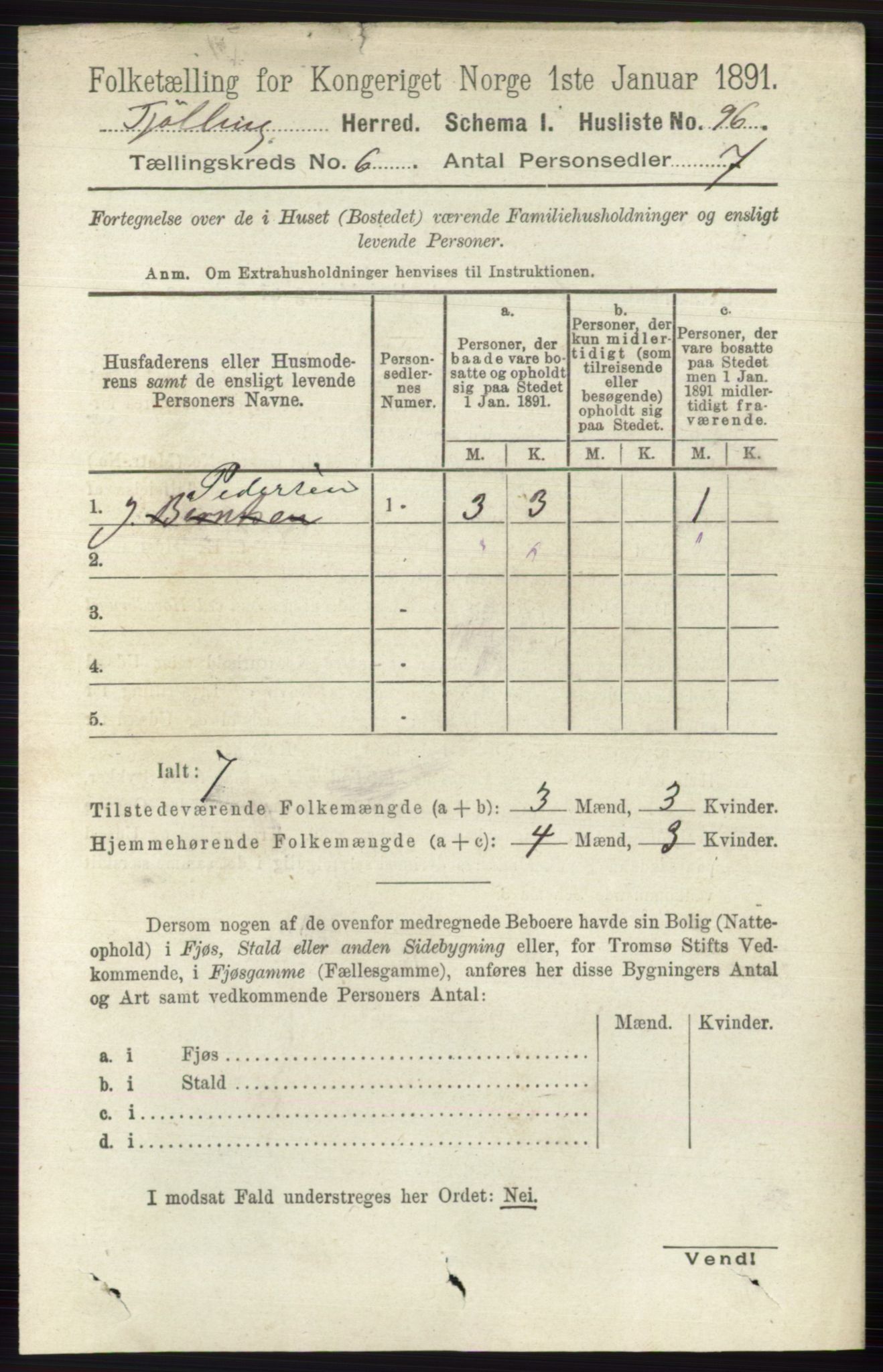 RA, 1891 census for 0725 Tjølling, 1891, p. 2897