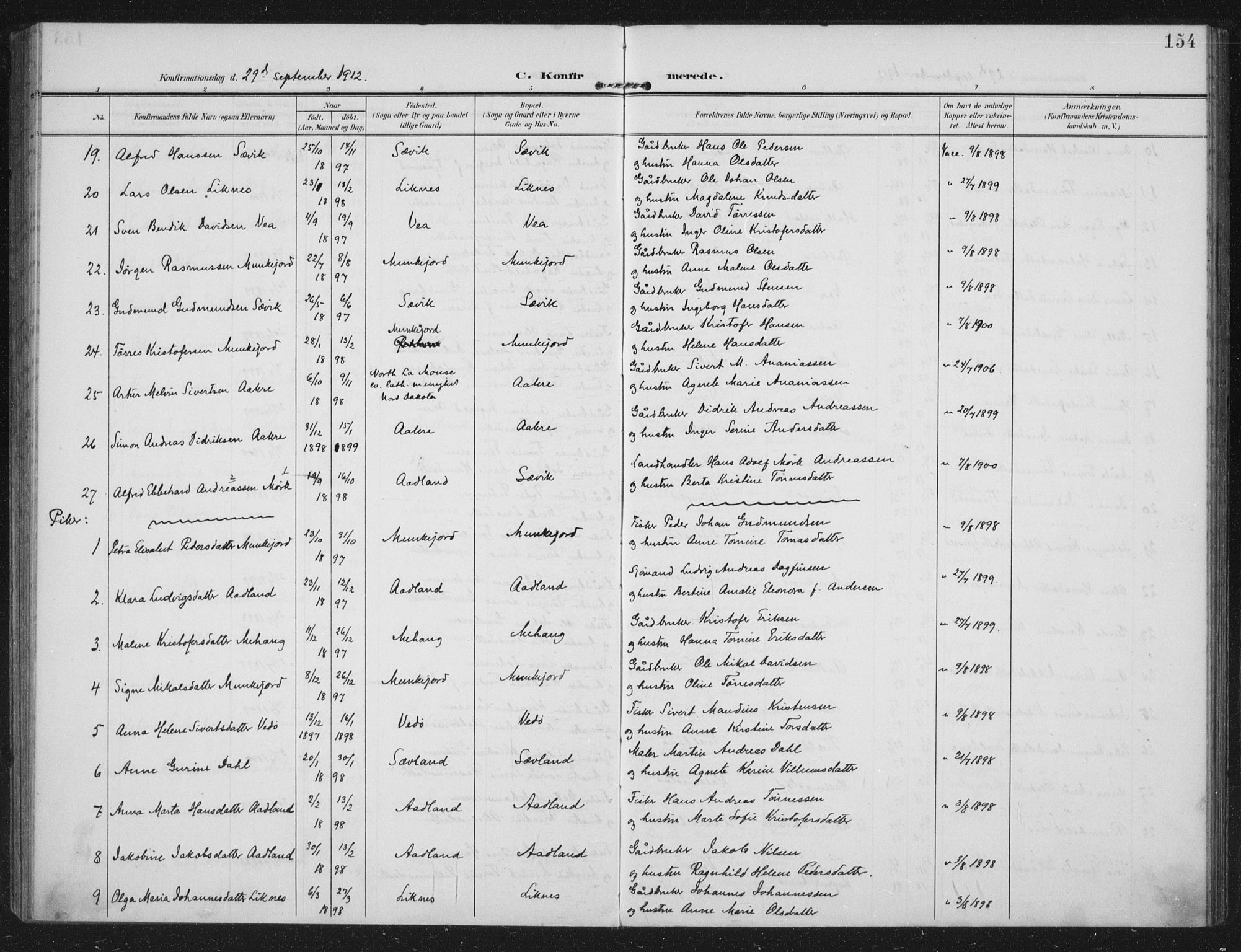 Kopervik sokneprestkontor, AV/SAST-A-101850/H/Ha/Haa/L0005: Parish register (official) no. A 5, 1906-1924, p. 154