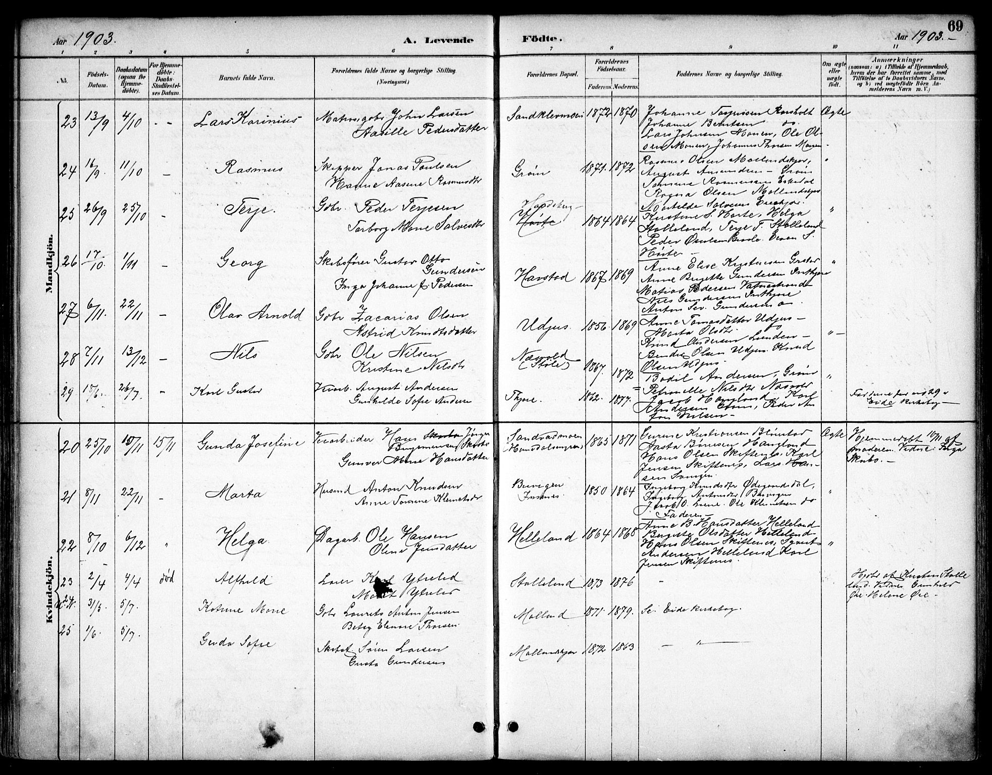 Hommedal sokneprestkontor, AV/SAK-1111-0023/F/Fb/Fbb/L0007: Parish register (copy) no. B 7, 1885-1904, p. 69