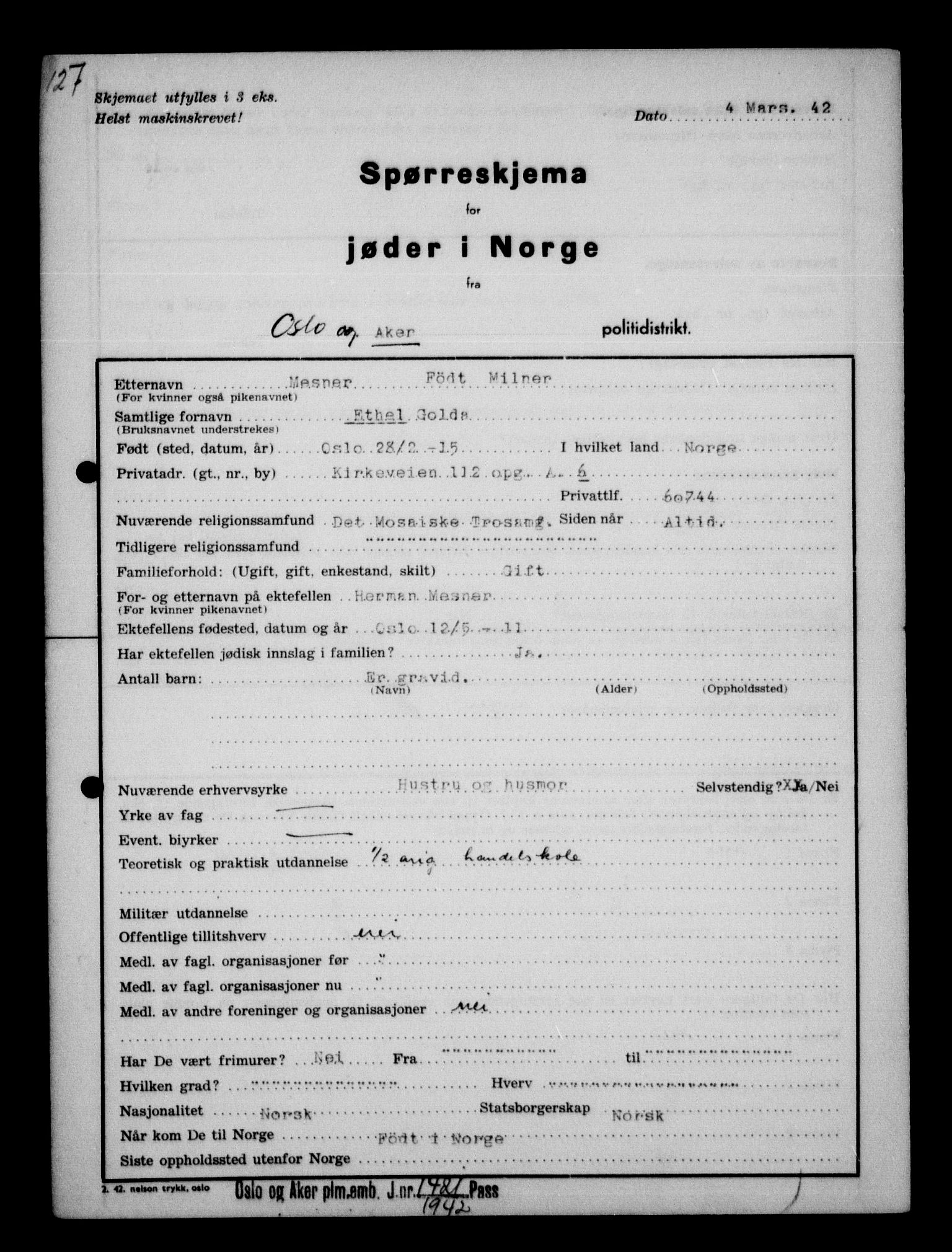 Statspolitiet - Hovedkontoret / Osloavdelingen, AV/RA-S-1329/G/Ga/L0012: Spørreskjema for jøder i Norge. 1: Aker 114- 207 (Levinson-Wozak) og 656 (Salomon). 2: Arendal-Hordaland. 3: Horten-Romerike.  , 1942, p. 42