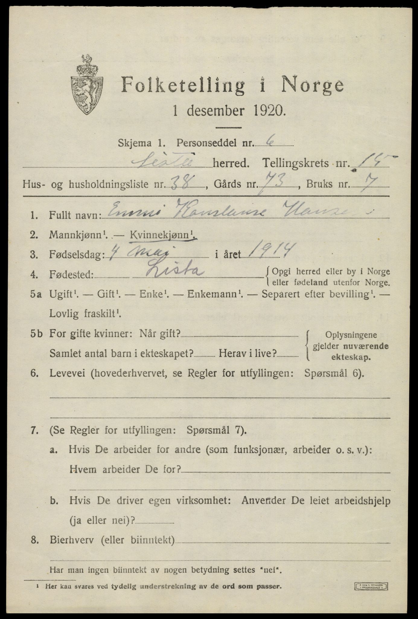 SAK, 1920 census for Lista, 1920, p. 12921