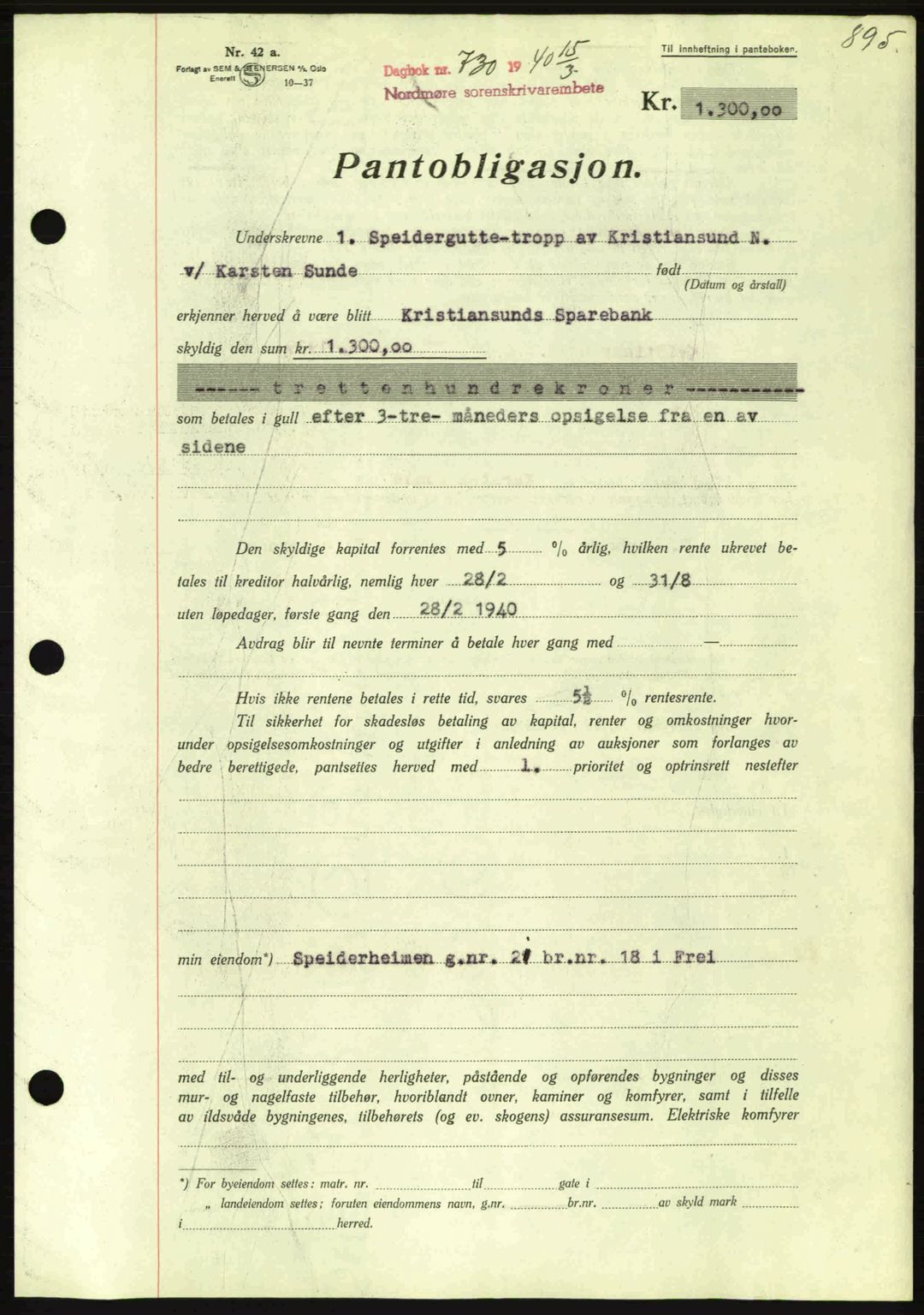 Nordmøre sorenskriveri, AV/SAT-A-4132/1/2/2Ca: Mortgage book no. B86, 1939-1940, Diary no: : 730/1940