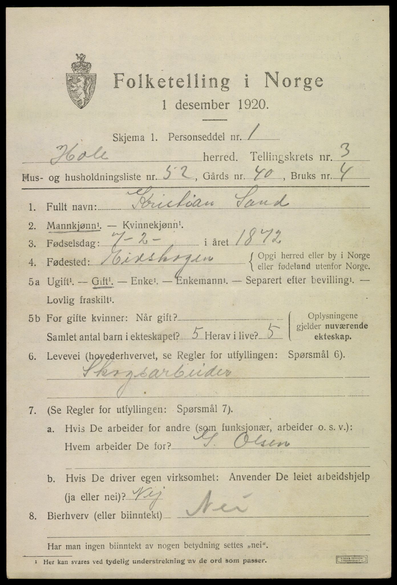 SAKO, 1920 census for Hole, 1920, p. 3133