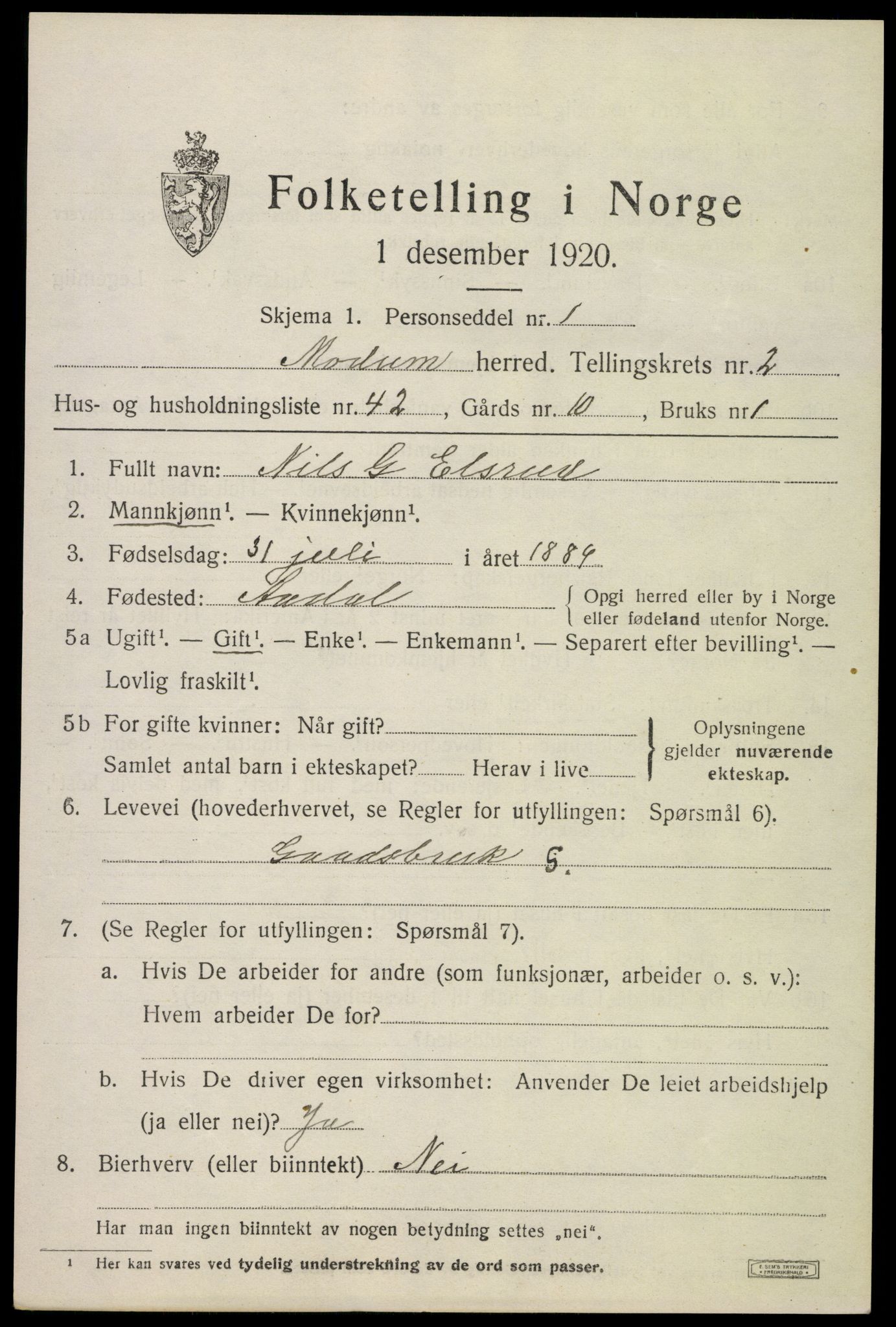 SAKO, 1920 census for Modum, 1920, p. 4671