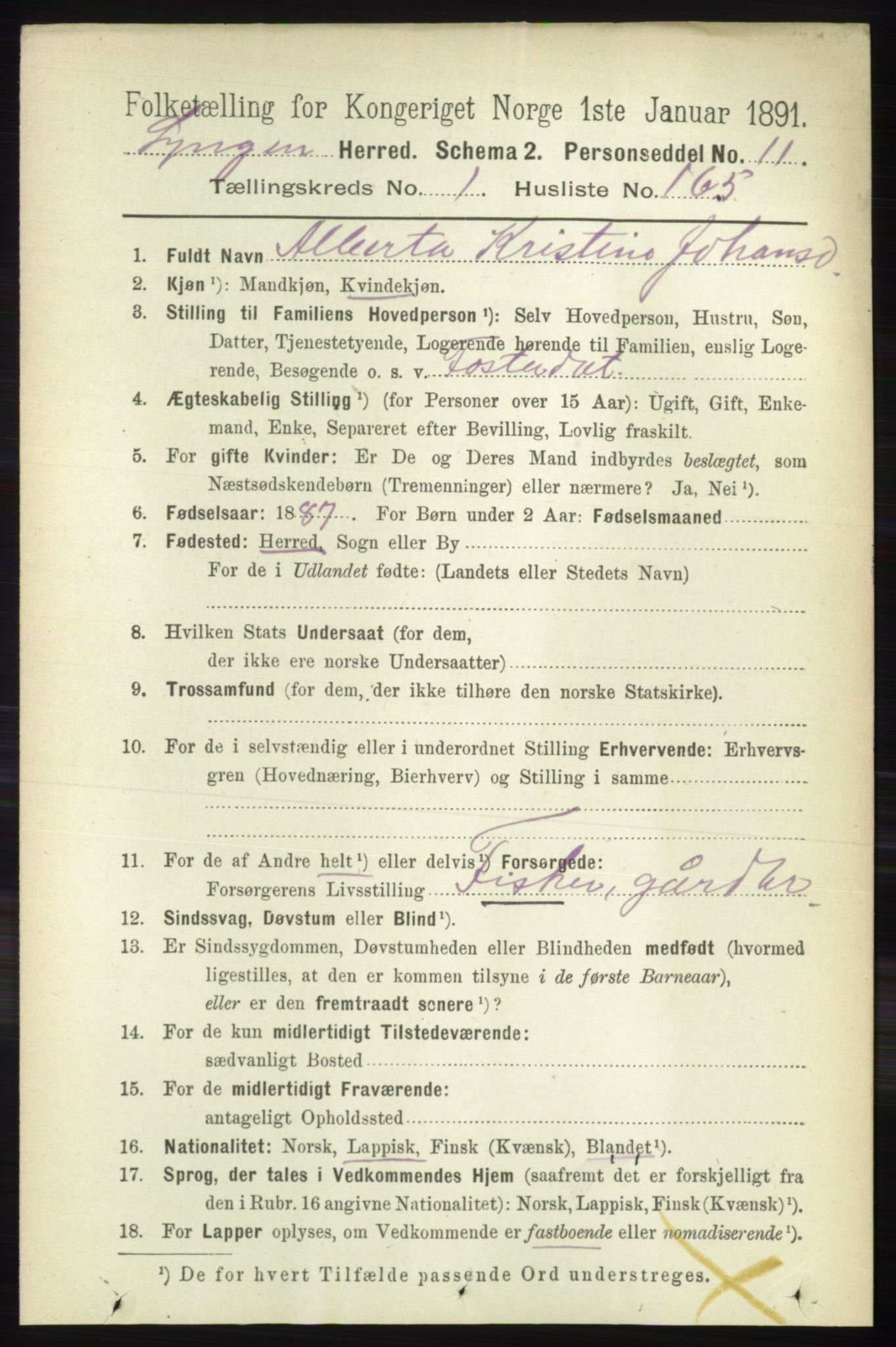 RA, 1891 census for 1938 Lyngen, 1891, p. 1373