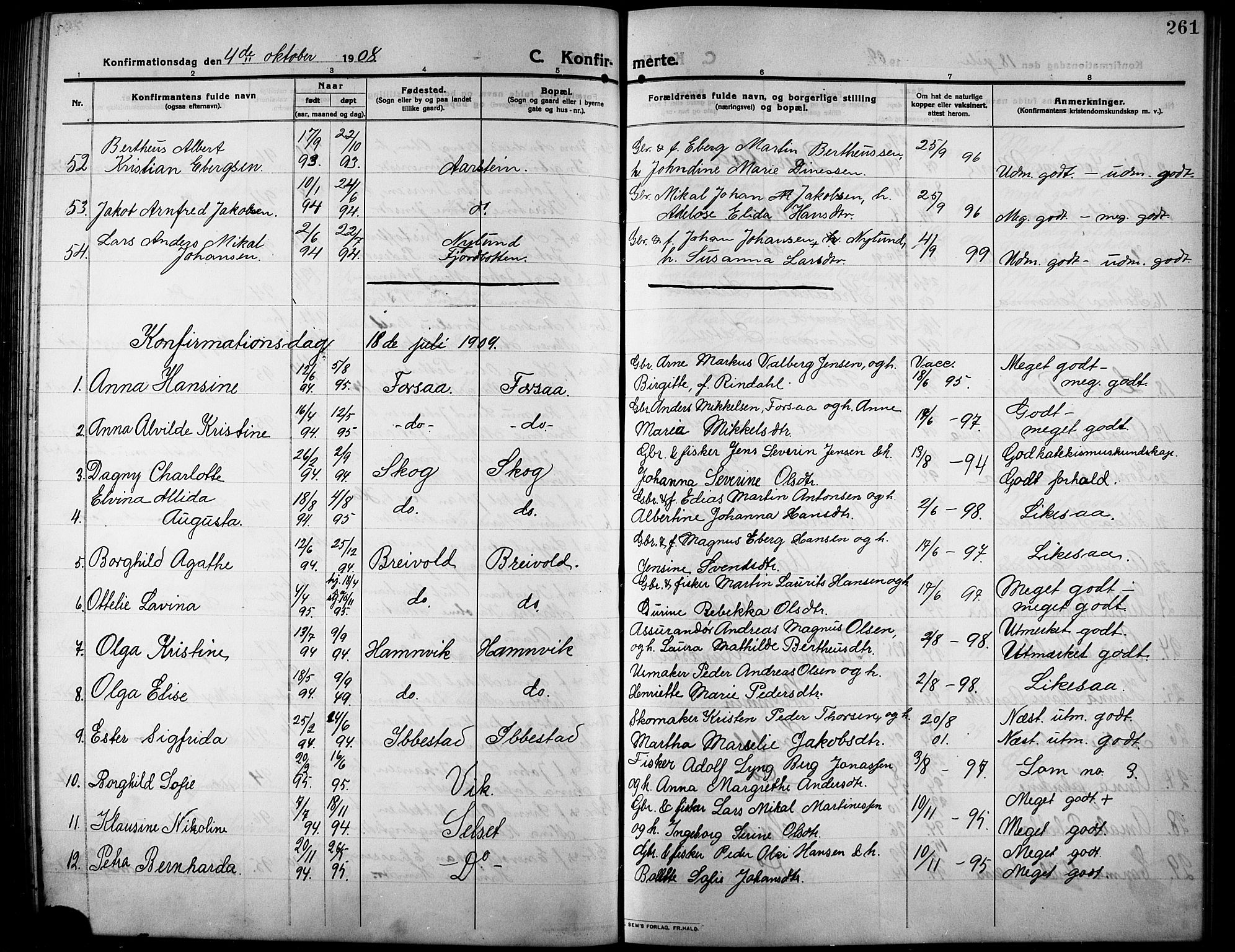 Ibestad sokneprestembete, AV/SATØ-S-0077/H/Ha/Hab/L0009klokker: Parish register (copy) no. 9, 1902-1914, p. 261