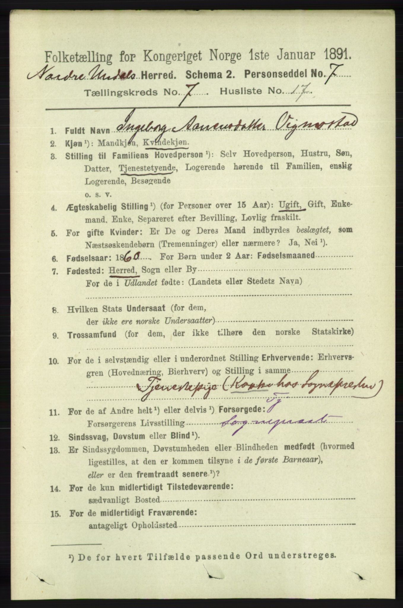 RA, 1891 census for 1028 Nord-Audnedal, 1891, p. 1890