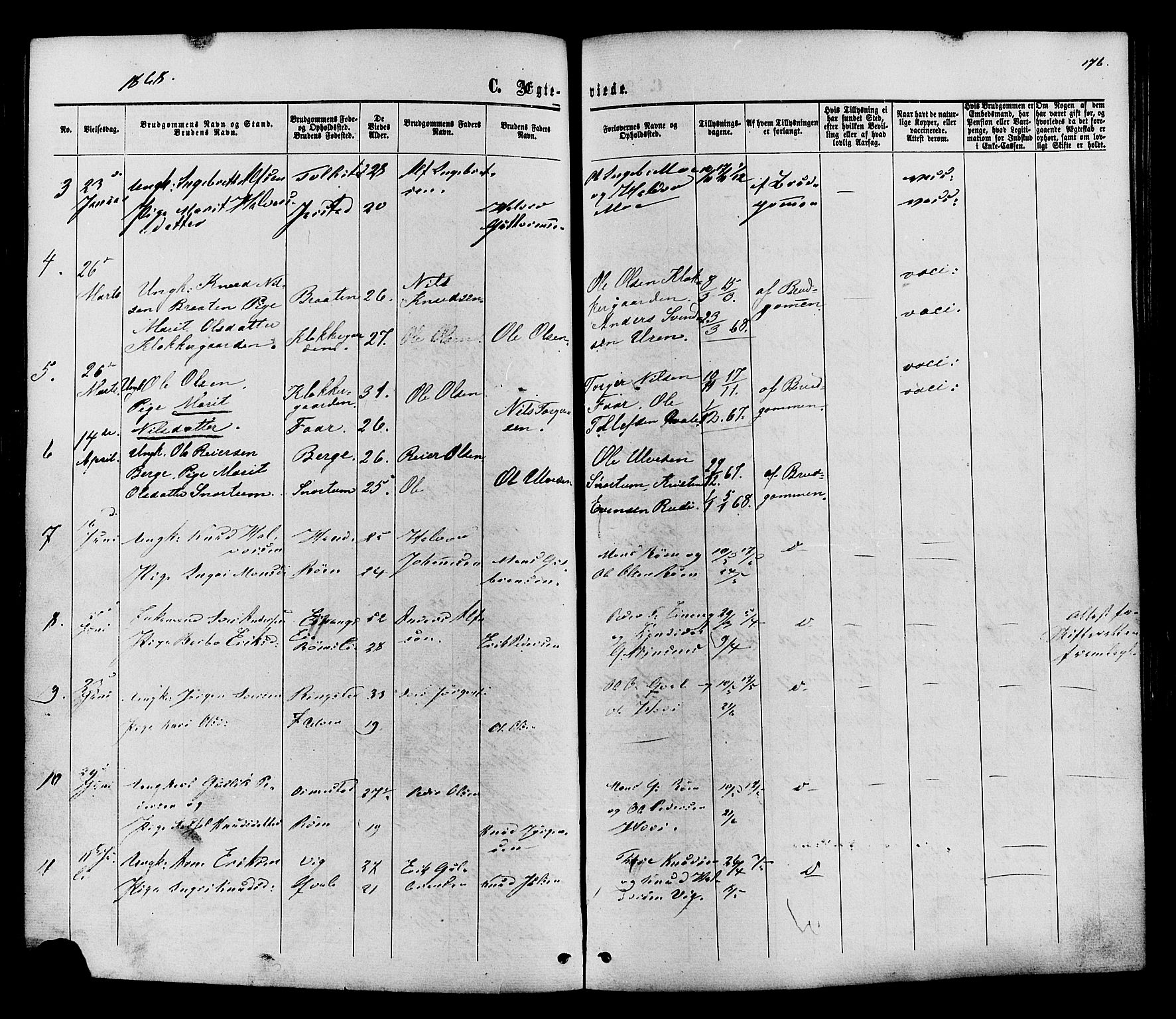 Vestre Slidre prestekontor, SAH/PREST-136/H/Ha/Haa/L0003: Parish register (official) no. 3, 1865-1880, p. 176