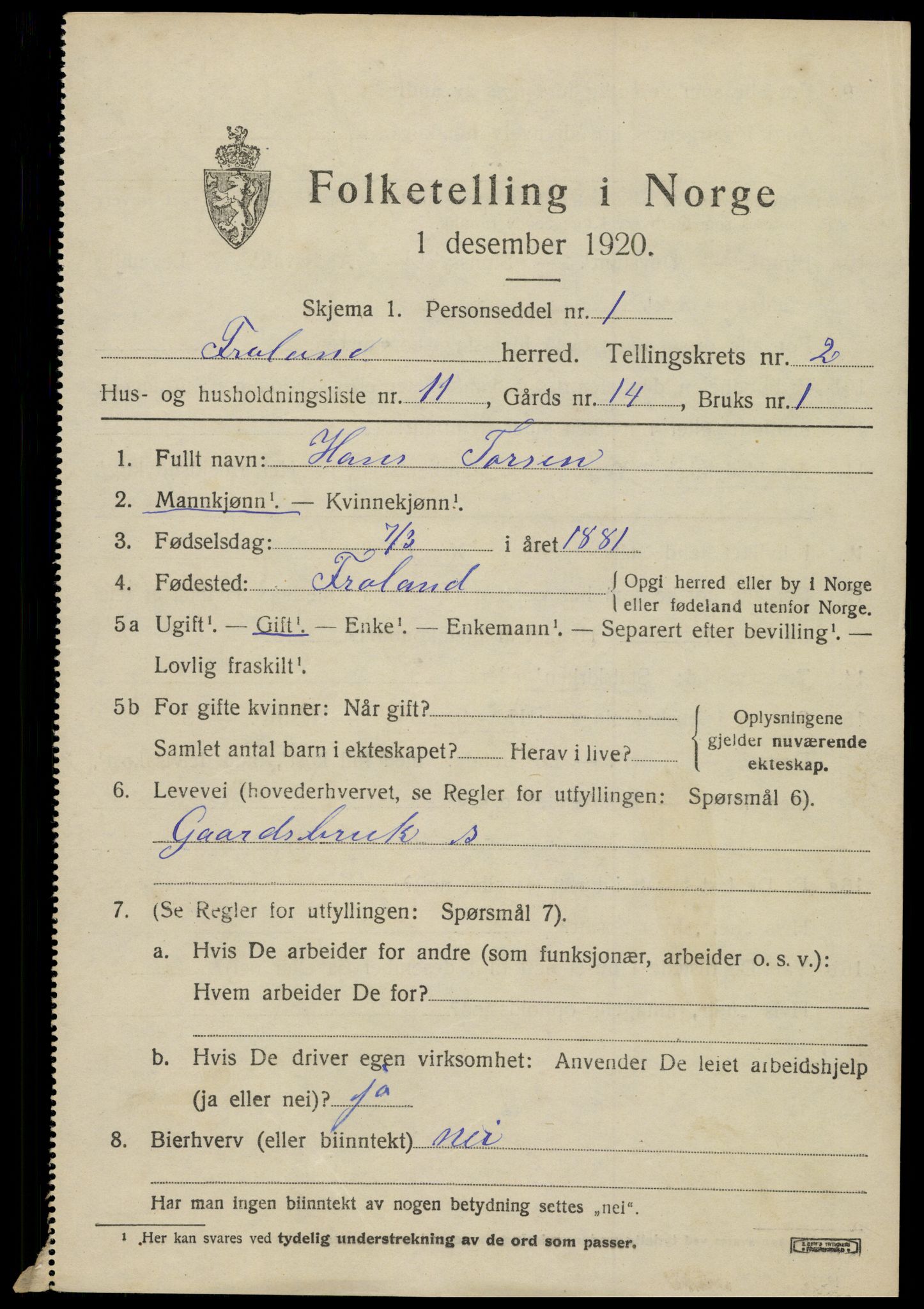 SAK, 1920 census for Froland, 1920, p. 1959