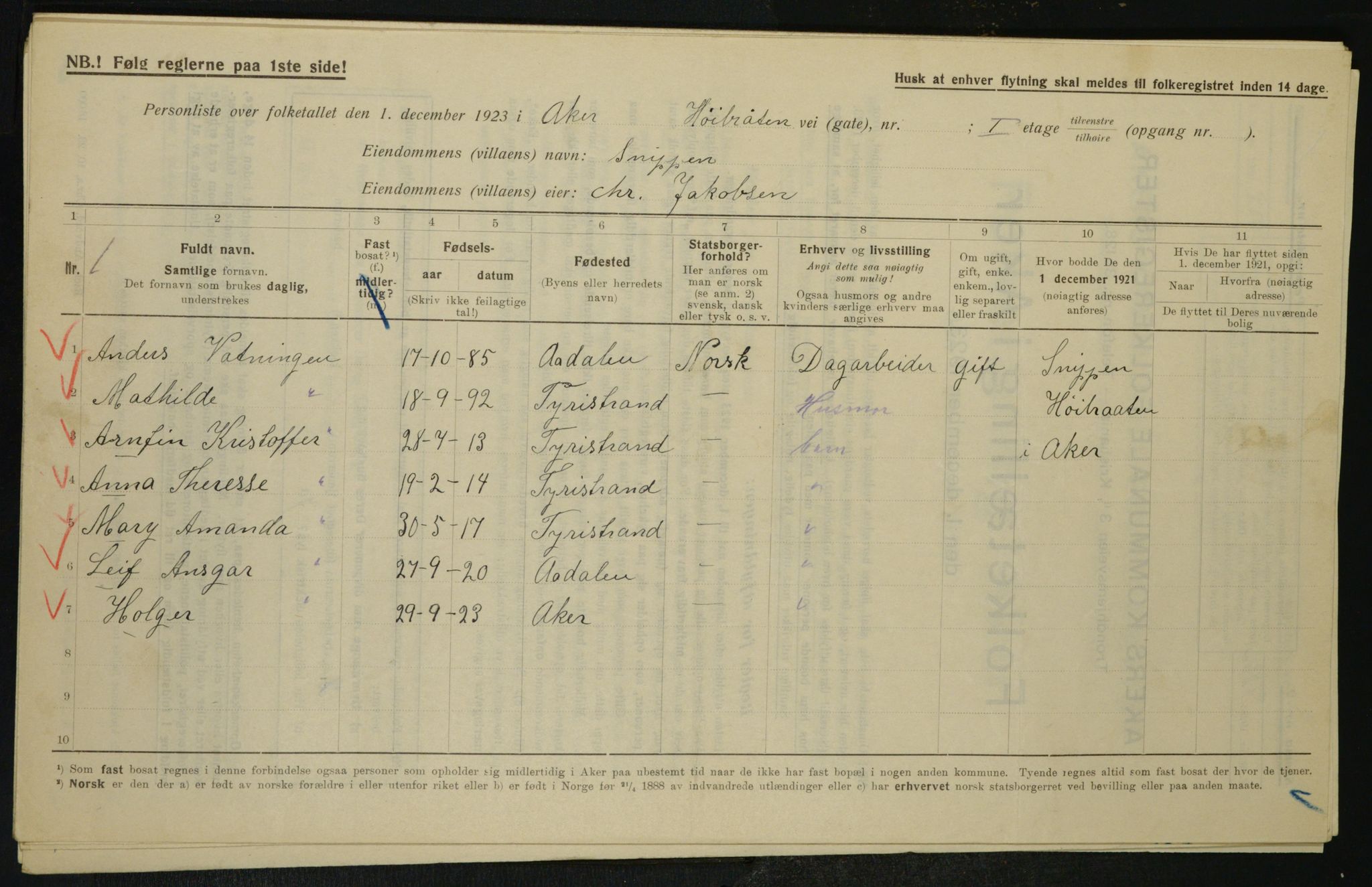 , Municipal Census 1923 for Aker, 1923, p. 27757