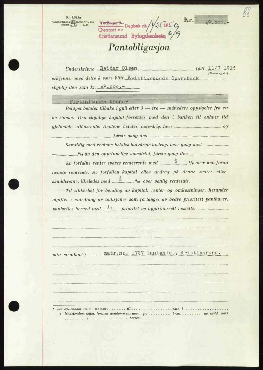 Kristiansund byfogd, AV/SAT-A-4587/A/27: Mortgage book no. 50, 1950-1950, Diary no: : 1425/1950