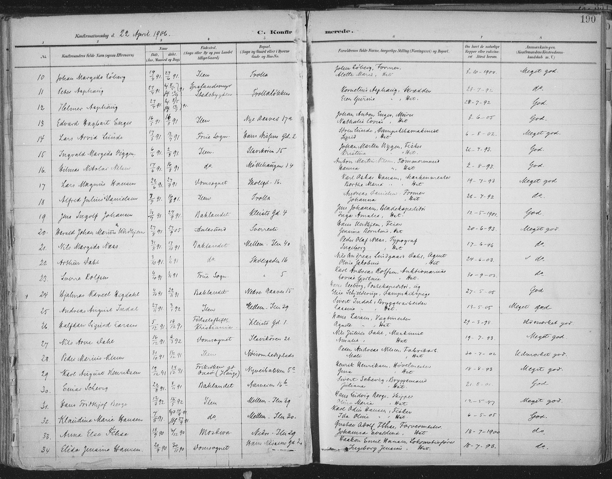 Ministerialprotokoller, klokkerbøker og fødselsregistre - Sør-Trøndelag, SAT/A-1456/603/L0167: Parish register (official) no. 603A06, 1896-1932, p. 190