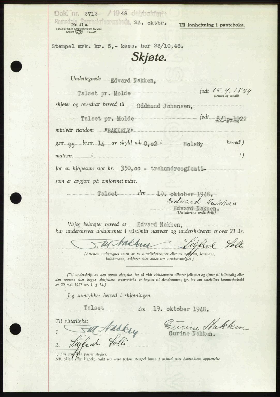 Romsdal sorenskriveri, AV/SAT-A-4149/1/2/2C: Mortgage book no. A27, 1948-1948, Diary no: : 2712/1948