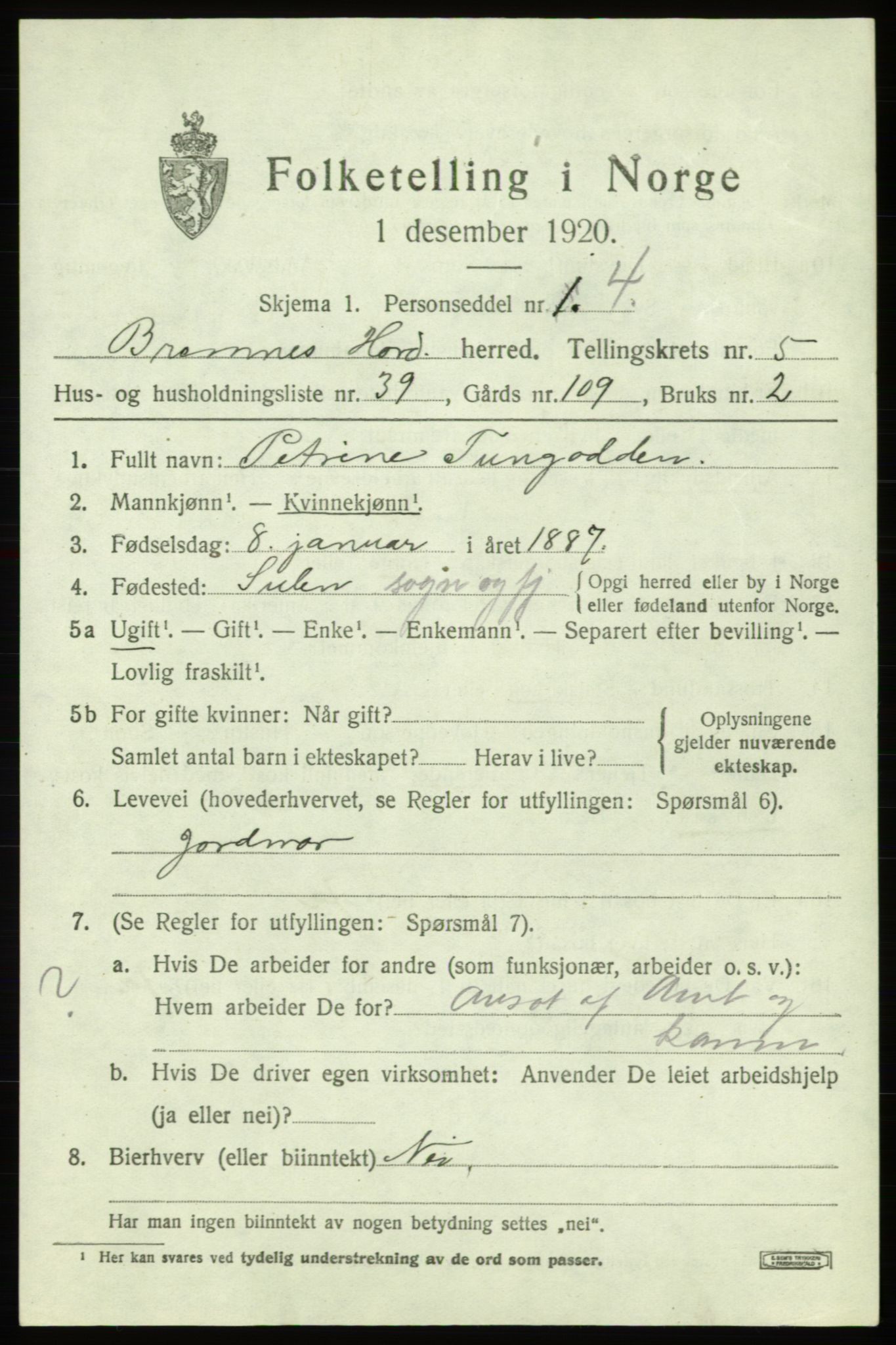 SAB, 1920 census for Bremnes, 1920, p. 3024