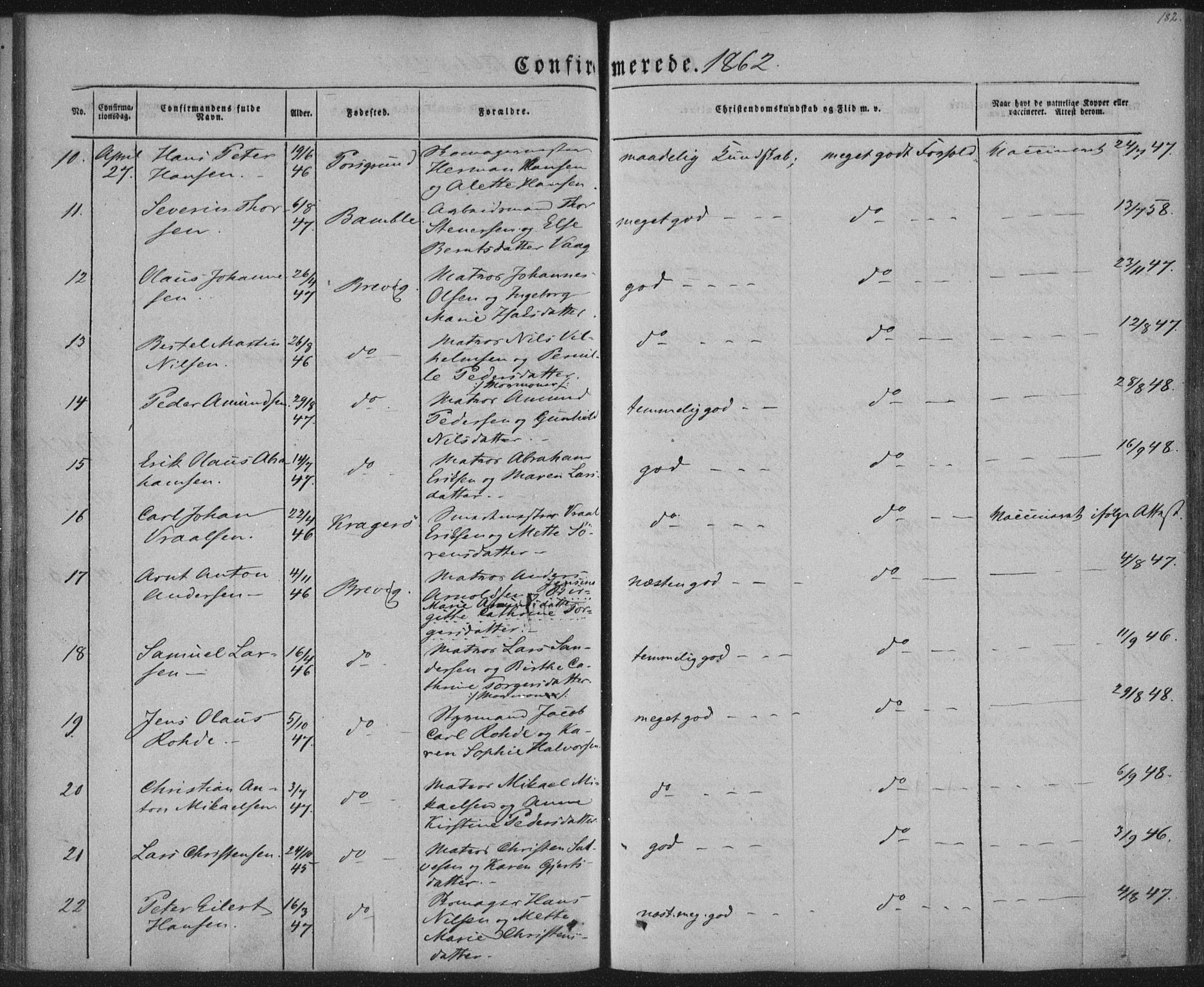 Brevik kirkebøker, AV/SAKO-A-255/F/Fa/L0005: Parish register (official) no. 5, 1847-1865, p. 182
