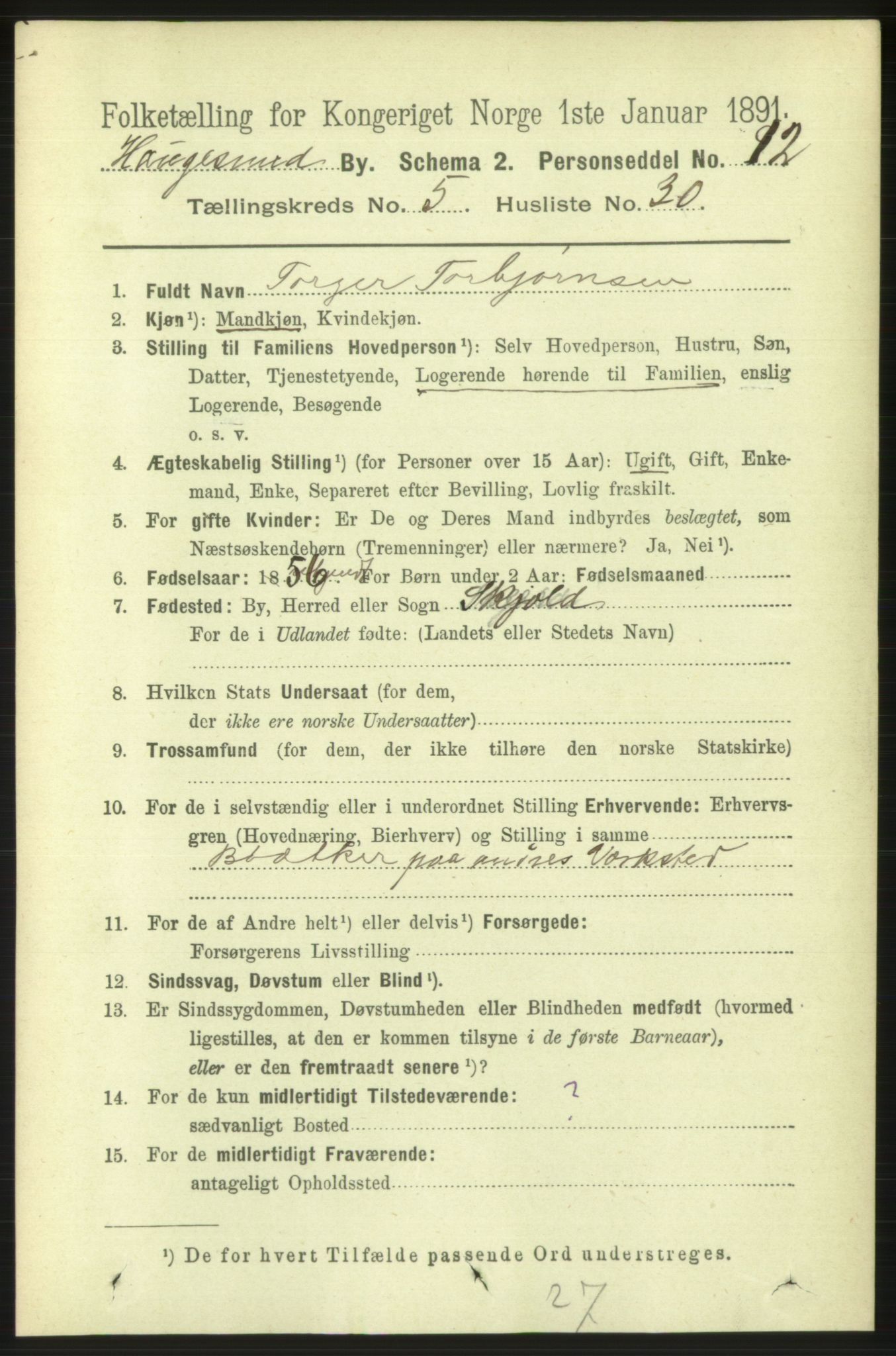 RA, 1891 census for 1106 Haugesund, 1891, p. 2544