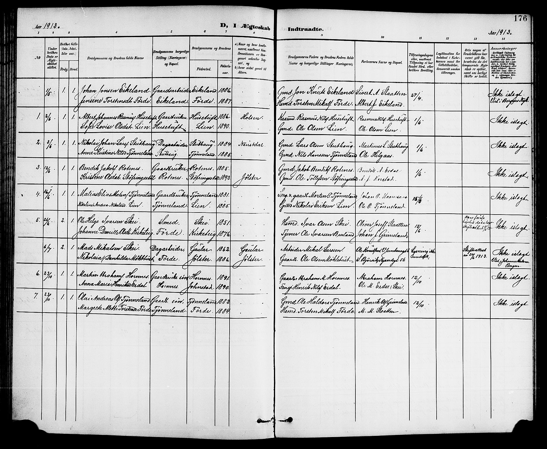 Førde sokneprestembete, SAB/A-79901/H/Hab/Haba/L0003: Parish register (copy) no. A 3, 1899-1924, p. 176