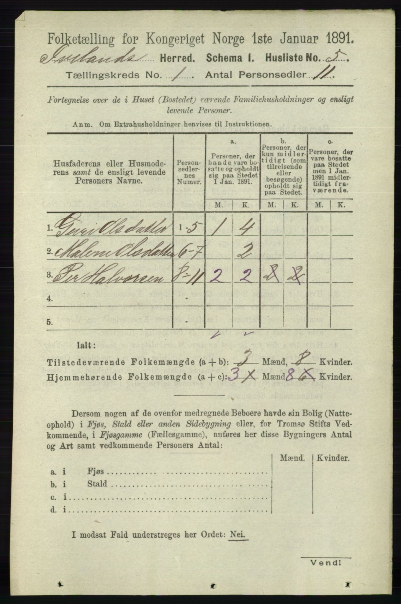 RA, 1891 census for 0935 Iveland, 1891, p. 19