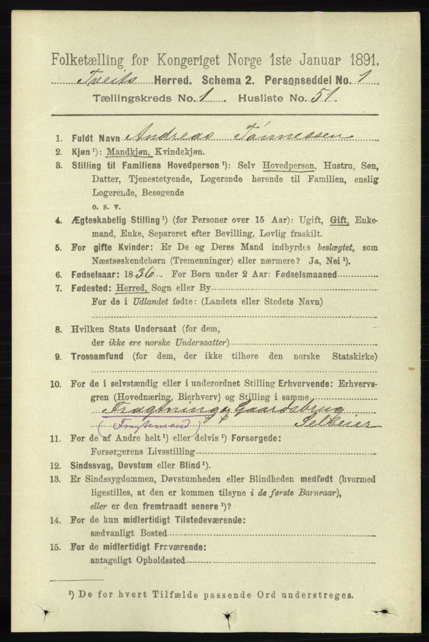 RA, 1891 census for 1013 Tveit, 1891, p. 329